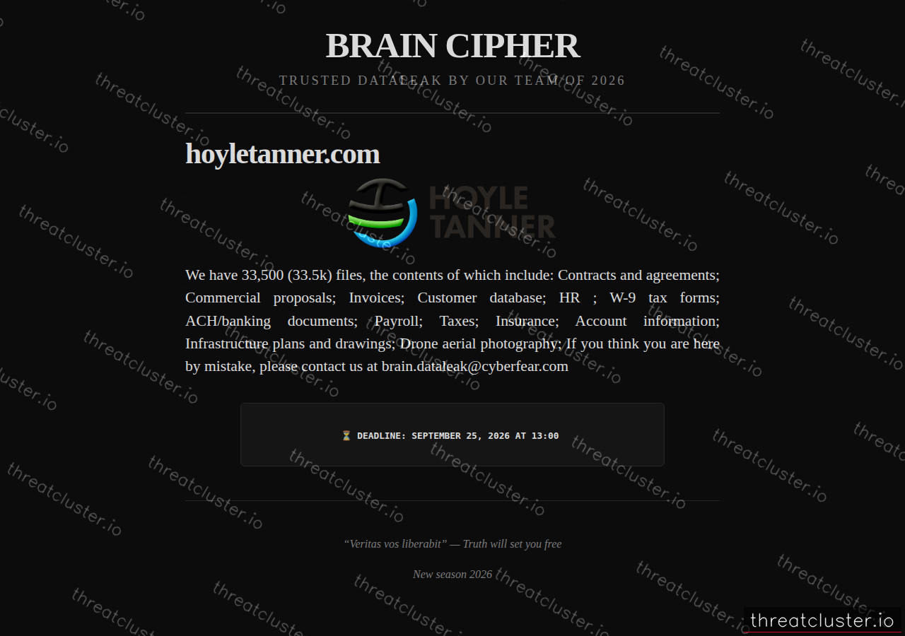 Leak-site post naming hoyletanner.com, captured by ThreatCluster