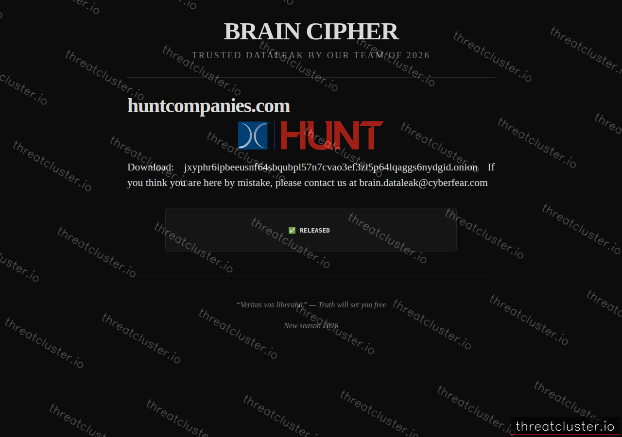 Leak-site post naming huntcompanies.com, captured by ThreatCluster
