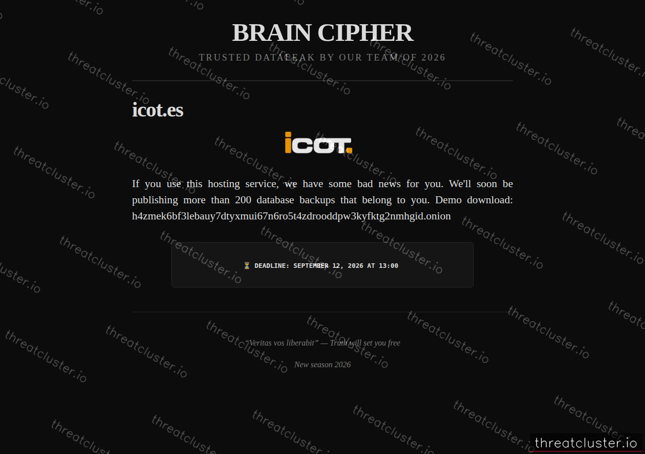 Leak-site post naming icot.es, captured by ThreatCluster