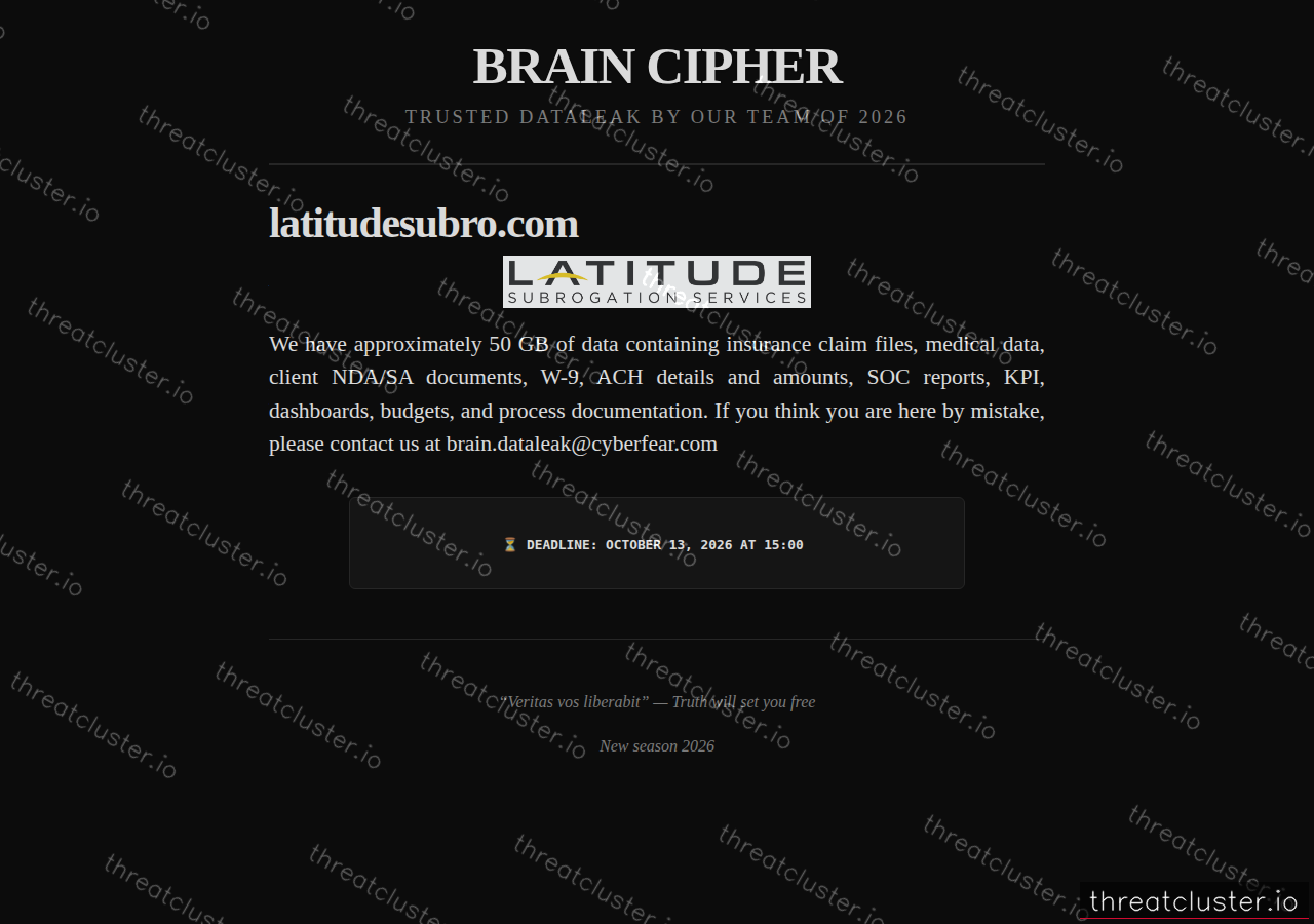 Leak-site post naming latitudesubro.com, captured by ThreatCluster