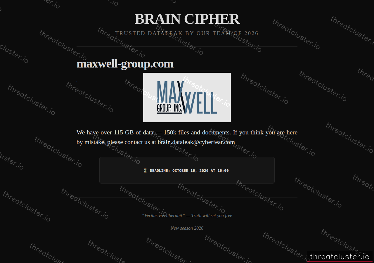 Leak-site post naming maxwell-group.com, captured by ThreatCluster