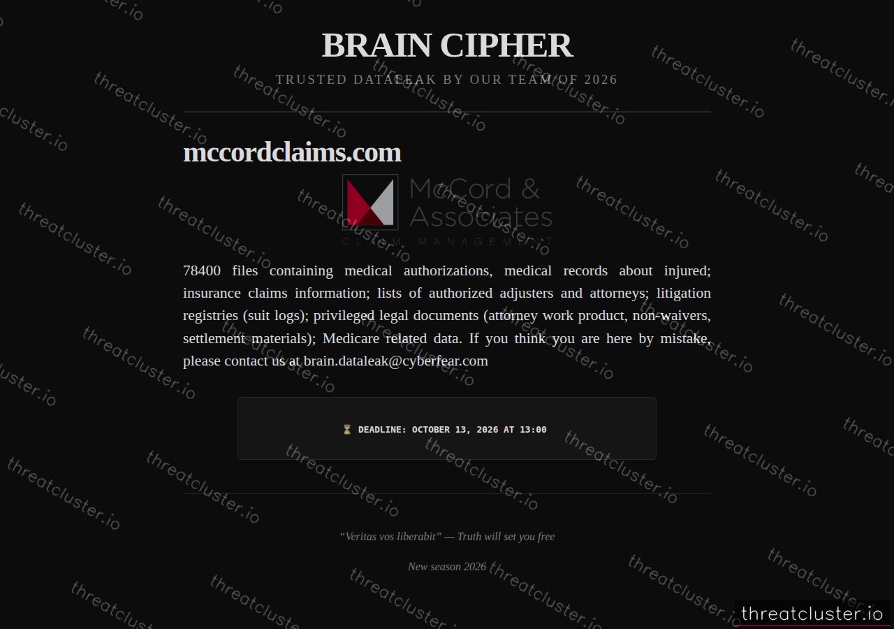 Leak-site post naming mccordclaims.com, captured by ThreatCluster