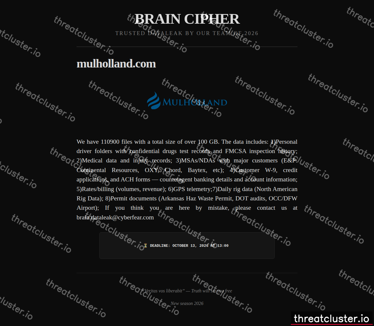 Leak-site post naming mulholland.com, captured by ThreatCluster
