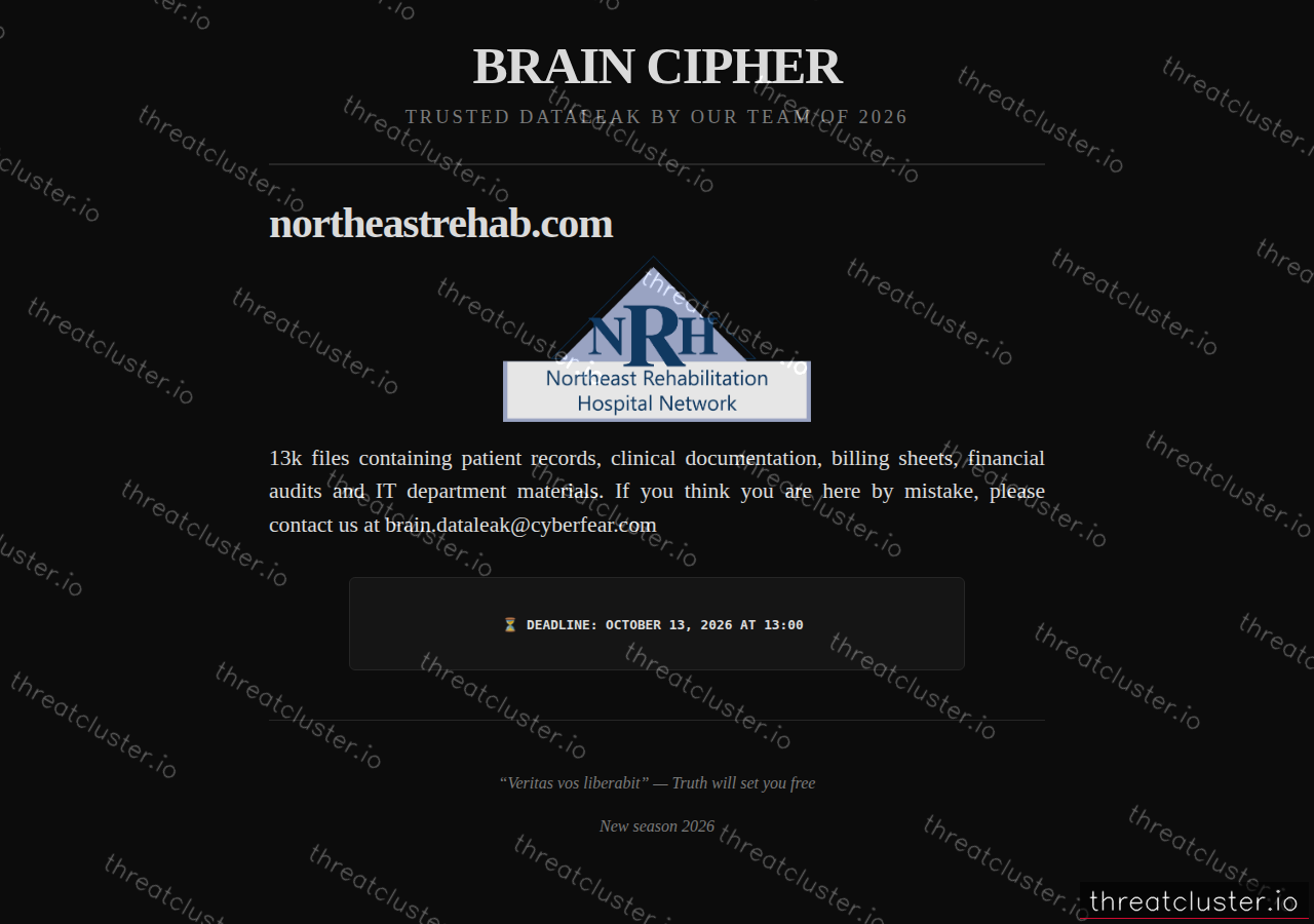 Leak-site post naming northeastrehab.com, captured by ThreatCluster
