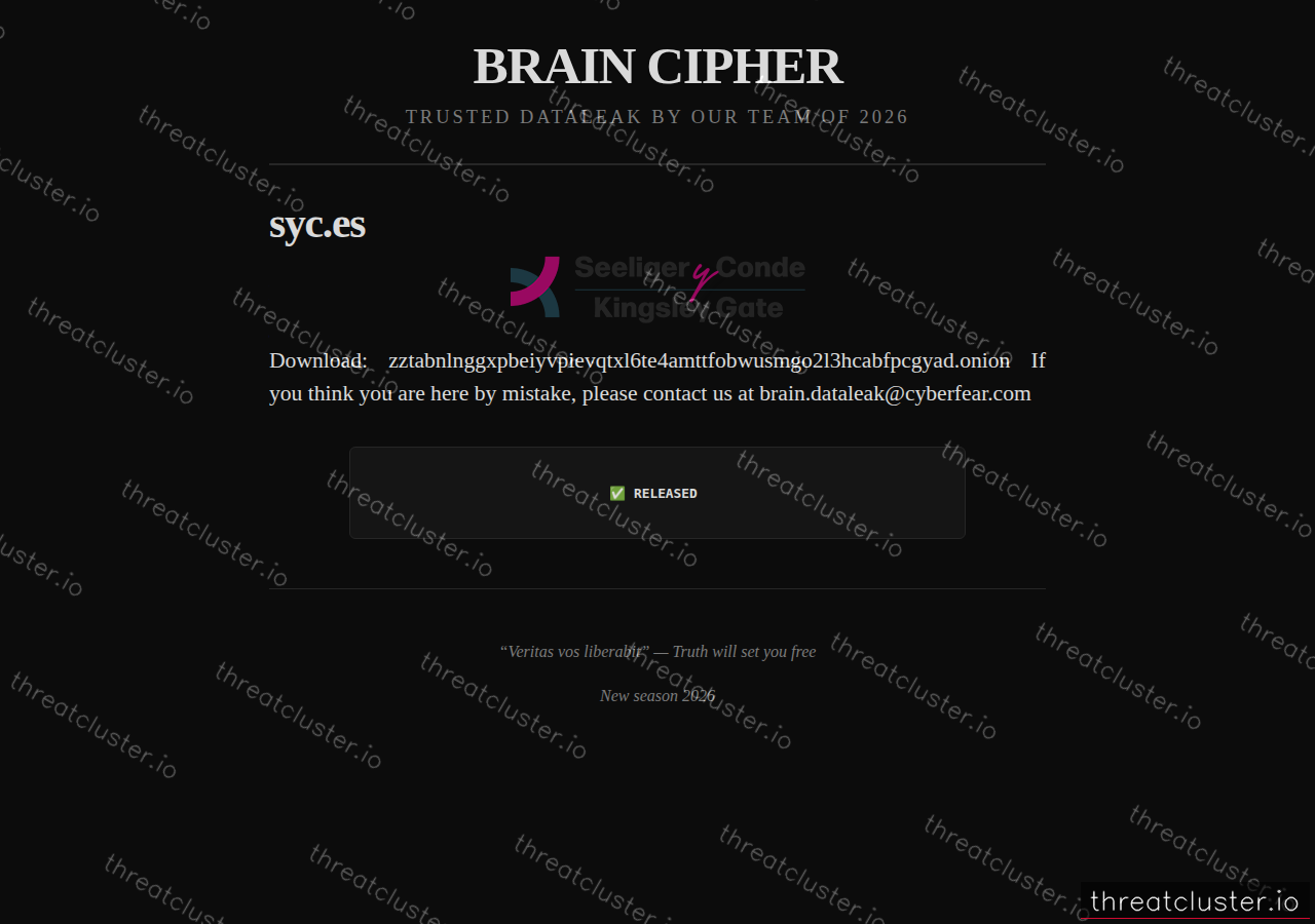 Leak-site post naming syc.es, captured by ThreatCluster