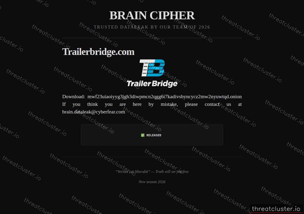 Leak-site post naming trailerbridge.com, captured by ThreatCluster