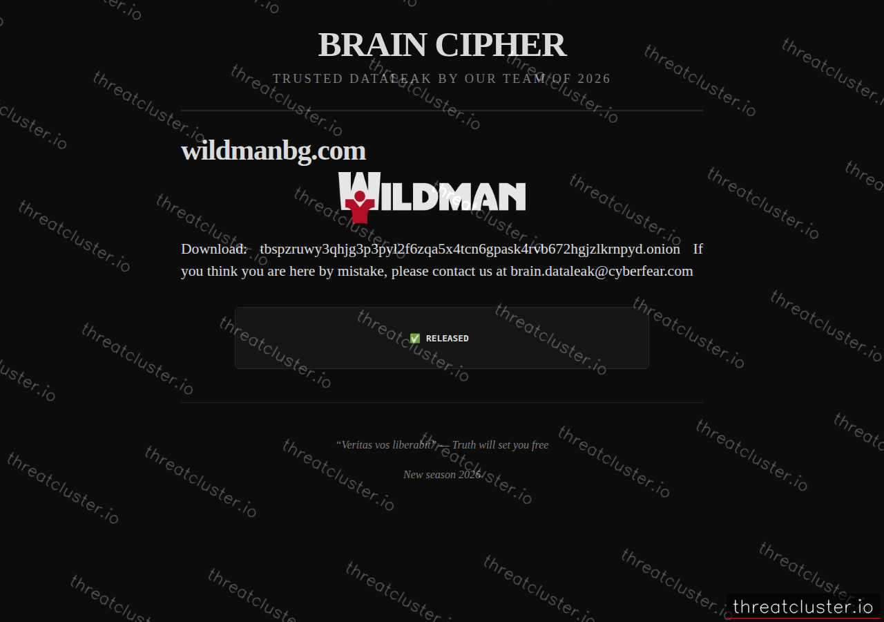 Leak-site post naming wildmanbg.com, captured by ThreatCluster