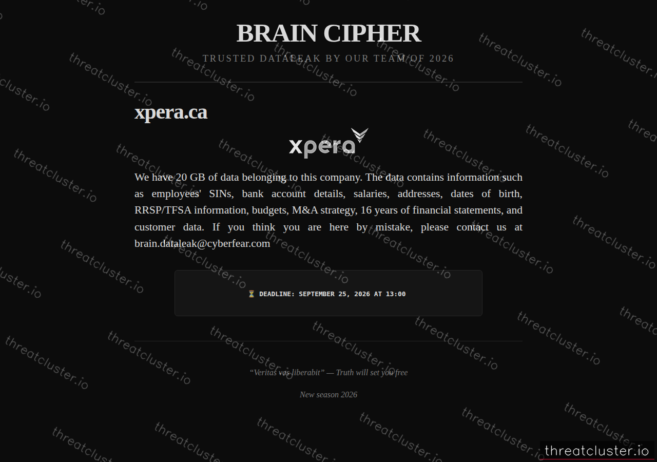 Leak-site post naming xpera.ca, captured by ThreatCluster