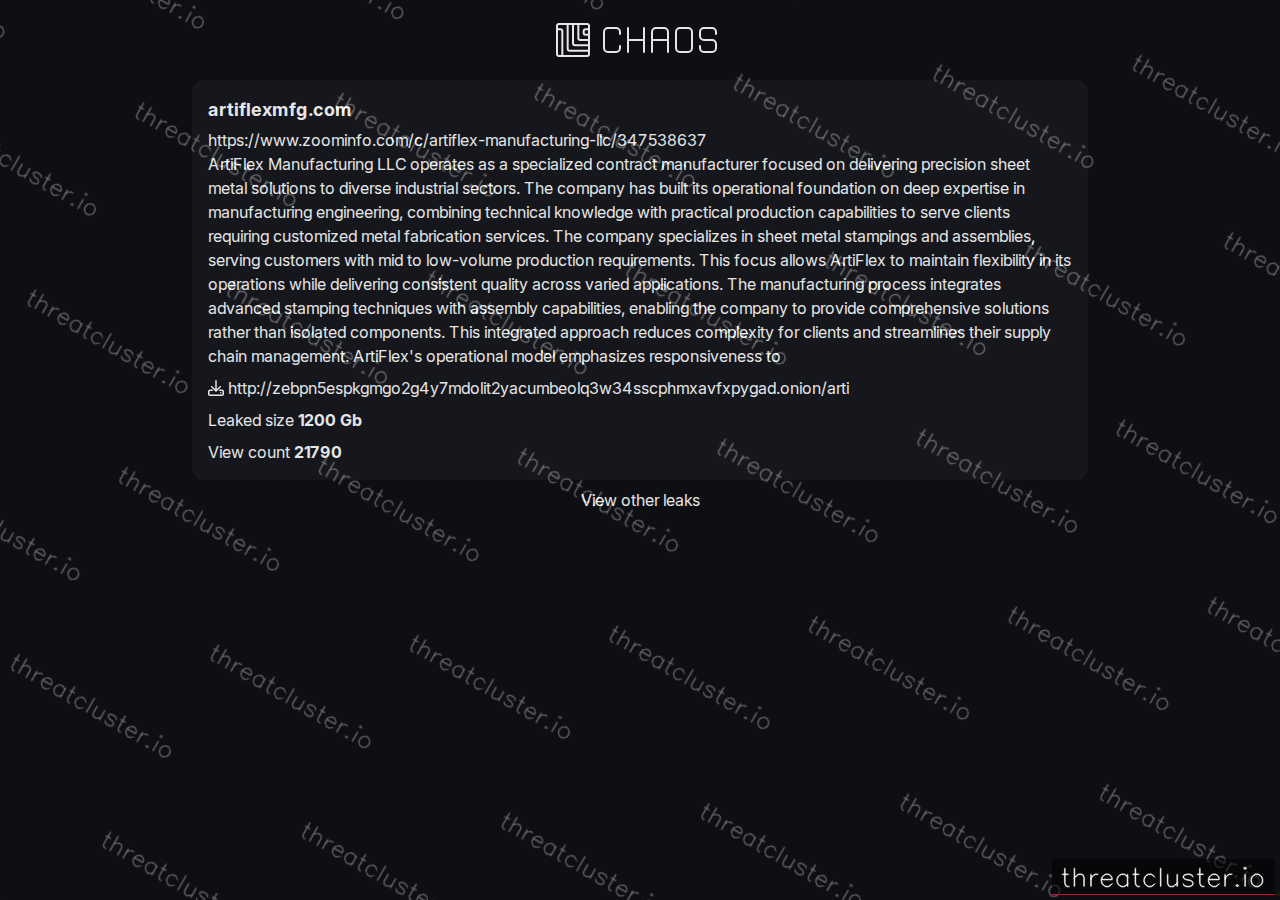 Leak-site post naming artiflexmfg.com, captured by ThreatCluster