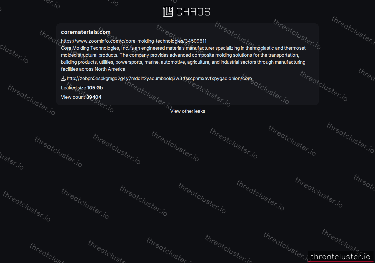 Leak-site post naming corematerials.com, captured by ThreatCluster
