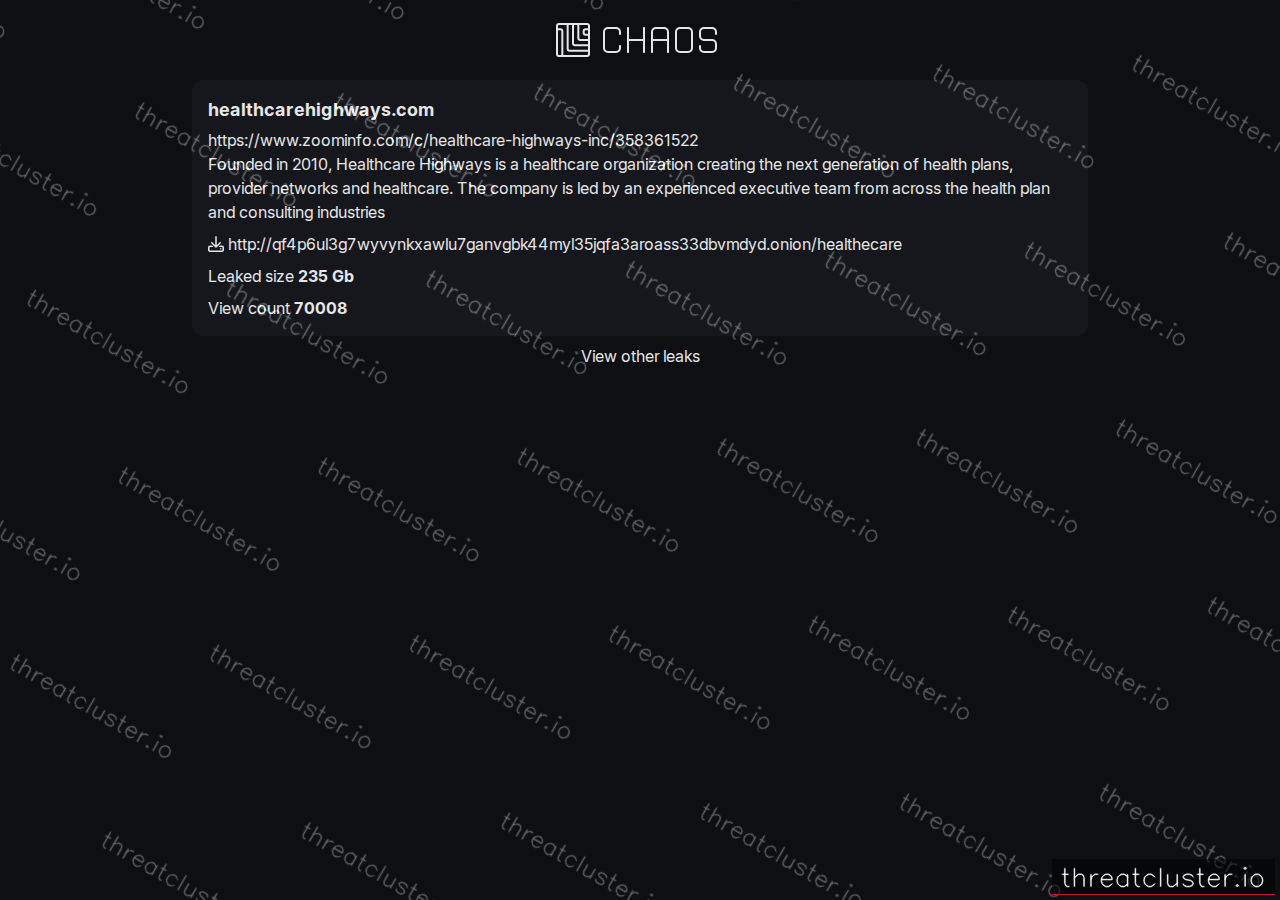 Leak-site post naming healthcarehighways.com, captured by ThreatCluster