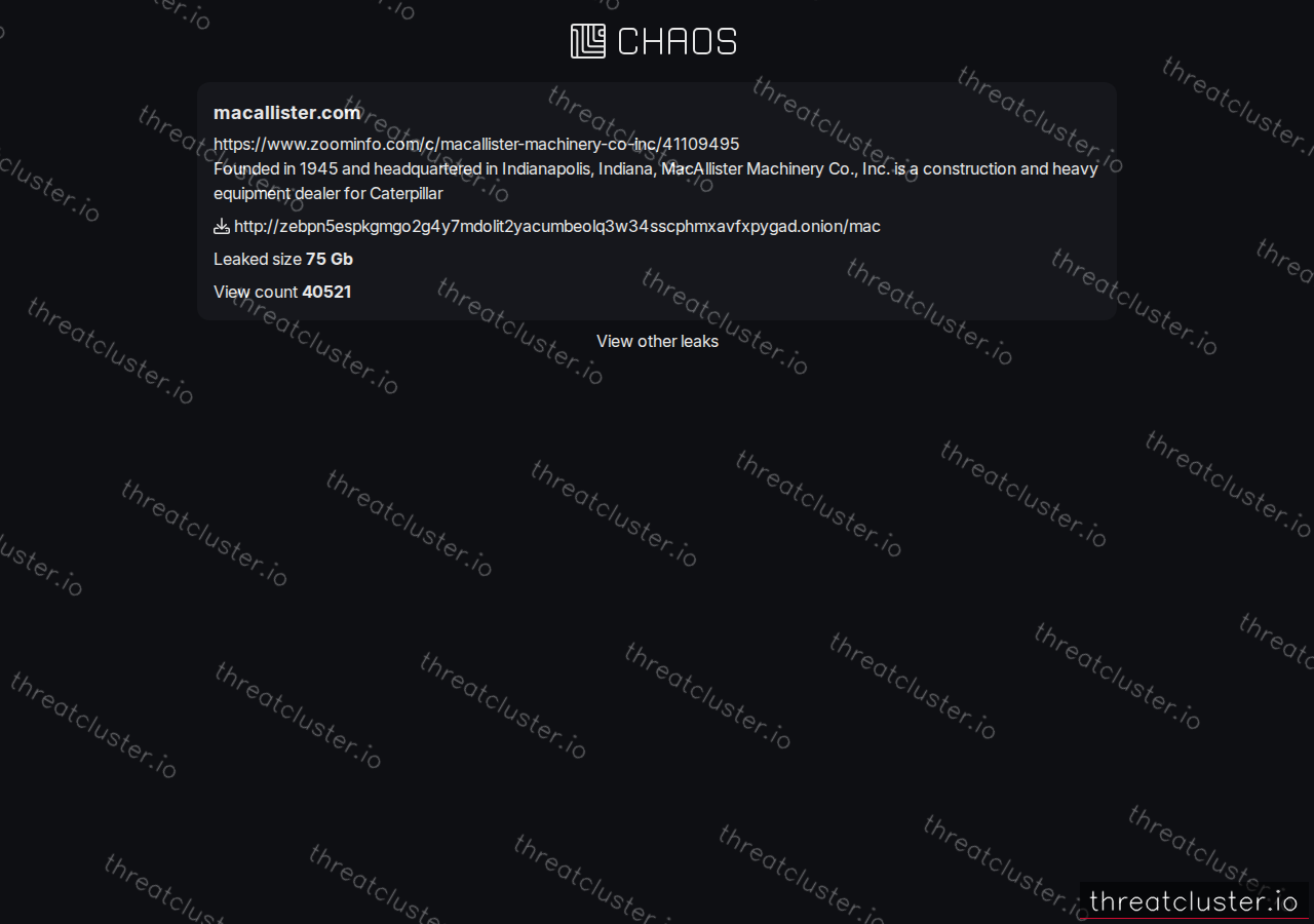 Leak-site post naming macallister.com, captured by ThreatCluster