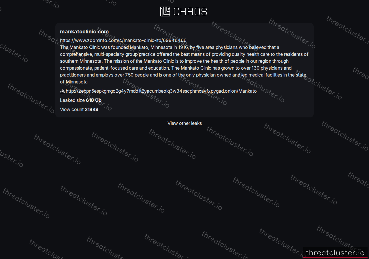Leak-site post naming mankatoclinic.com, captured by ThreatCluster
