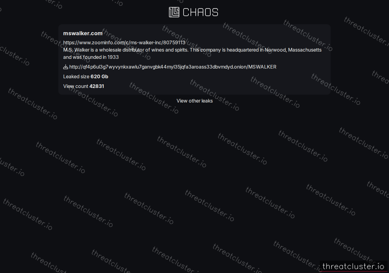 Leak-site post naming mswalker.com, captured by ThreatCluster
