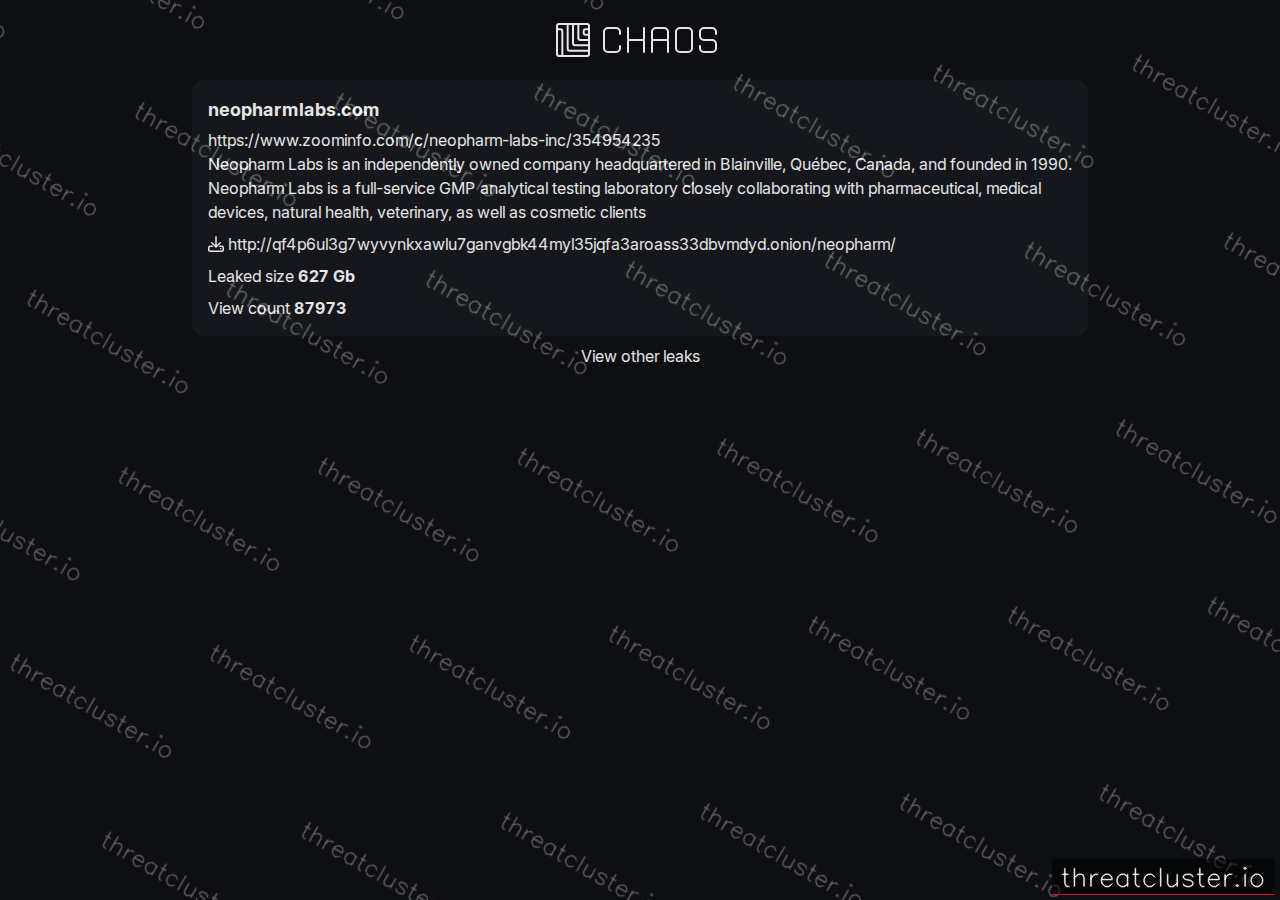 Leak-site post naming neopharmlabs.com, captured by ThreatCluster