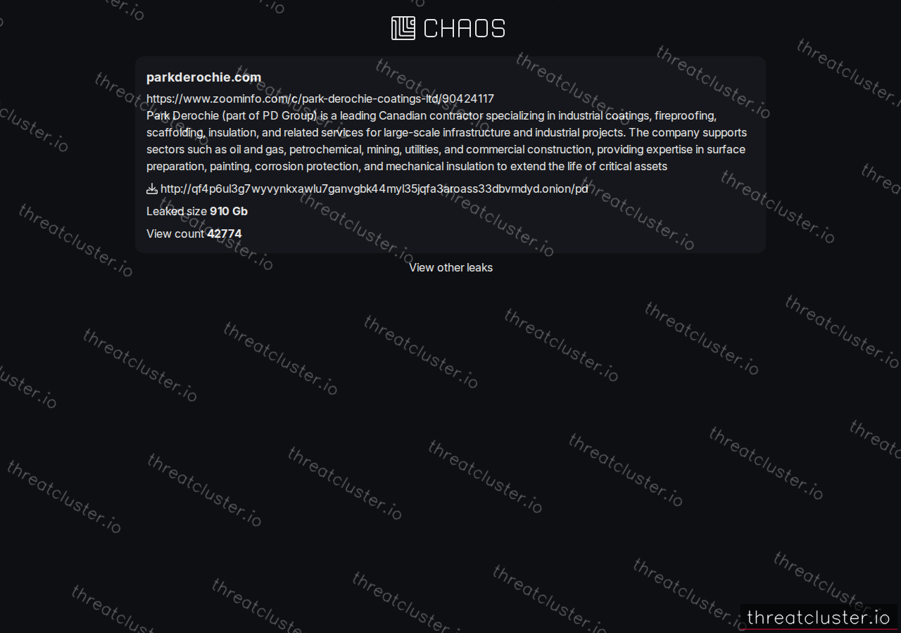 Leak-site post naming parkderochie.com, captured by ThreatCluster