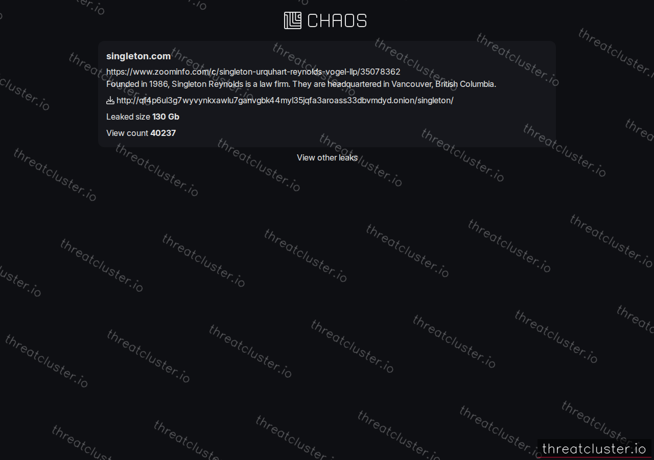 Leak-site post naming singleton.com, captured by ThreatCluster