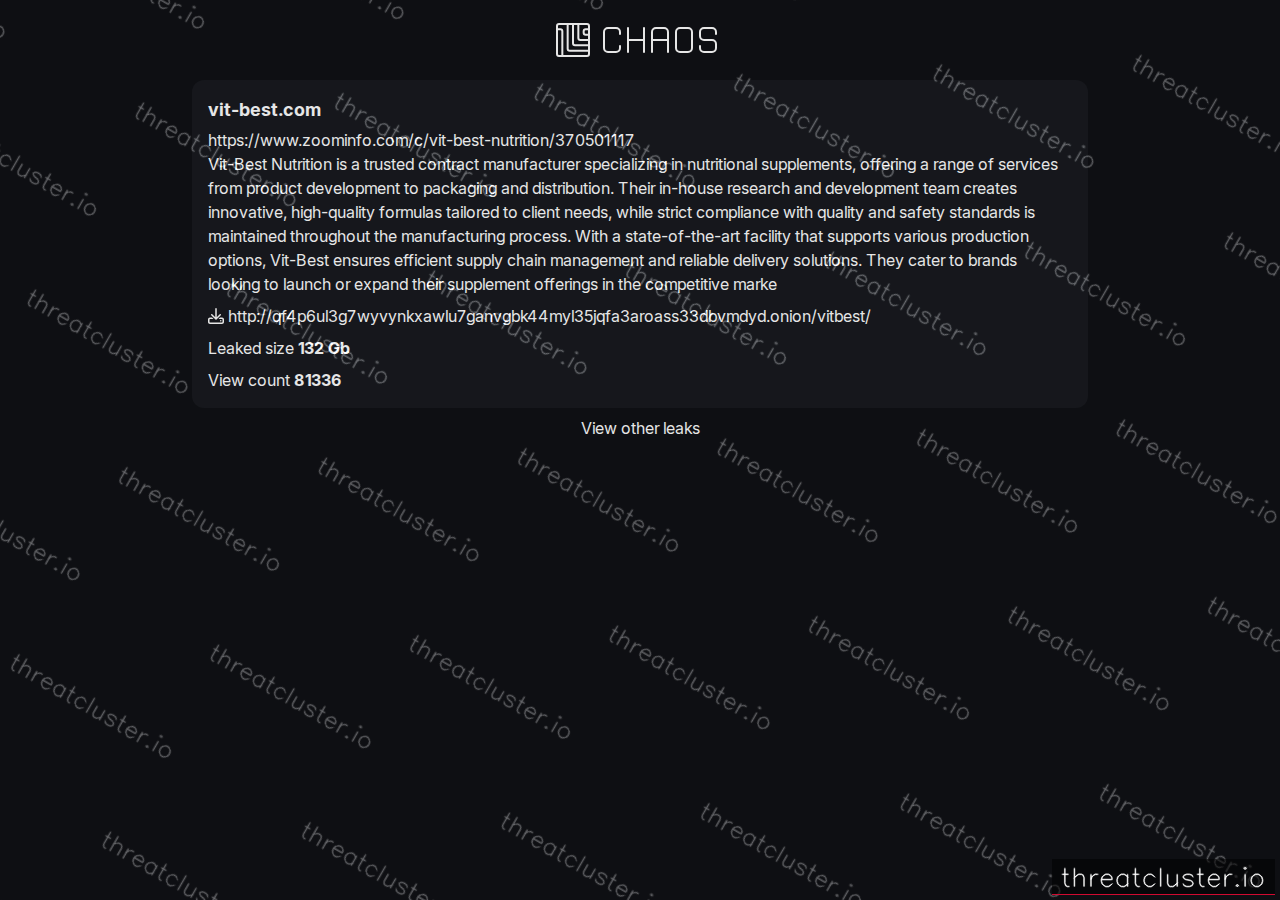 Leak-site post naming vit-best.com, captured by ThreatCluster