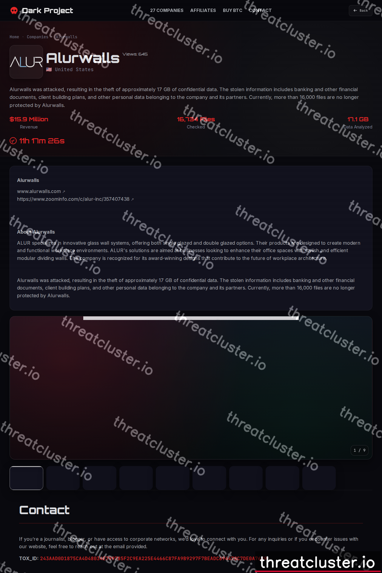 Leak-site post naming Alurwalls, captured by ThreatCluster