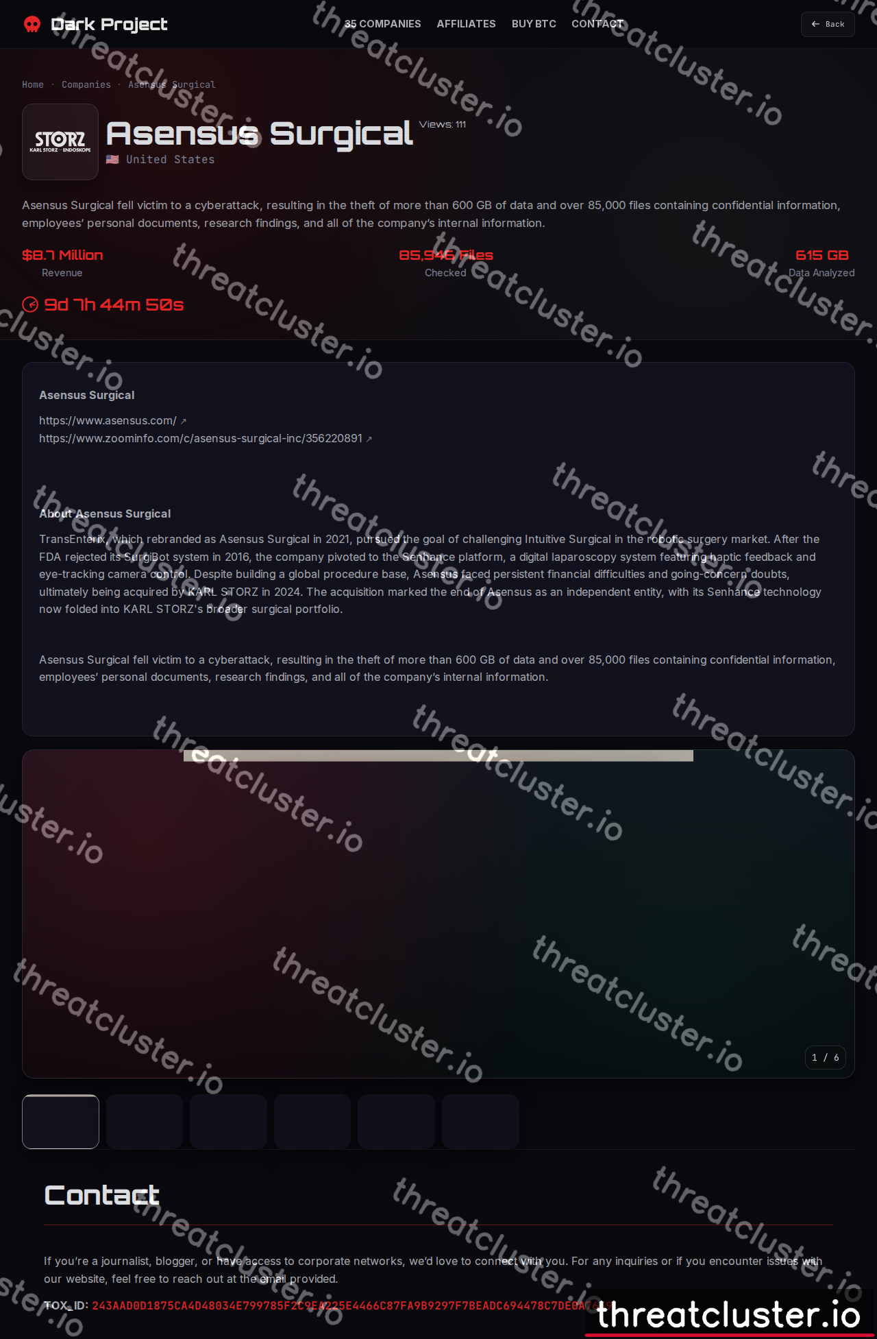 Leak-site post naming Asensus Surgical, captured by ThreatCluster