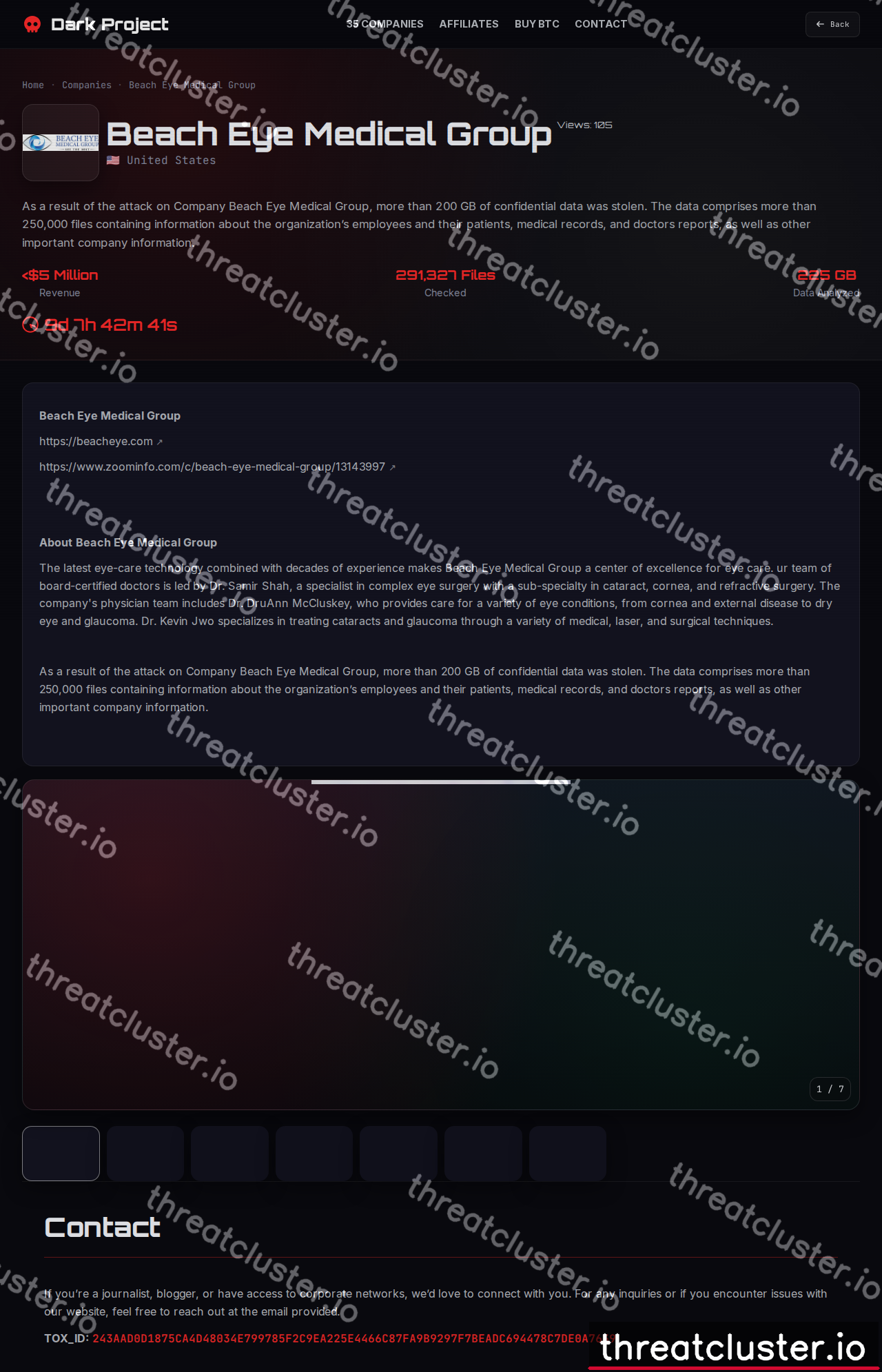 Leak-site post naming Beach Eye Medical Group, captured by ThreatCluster