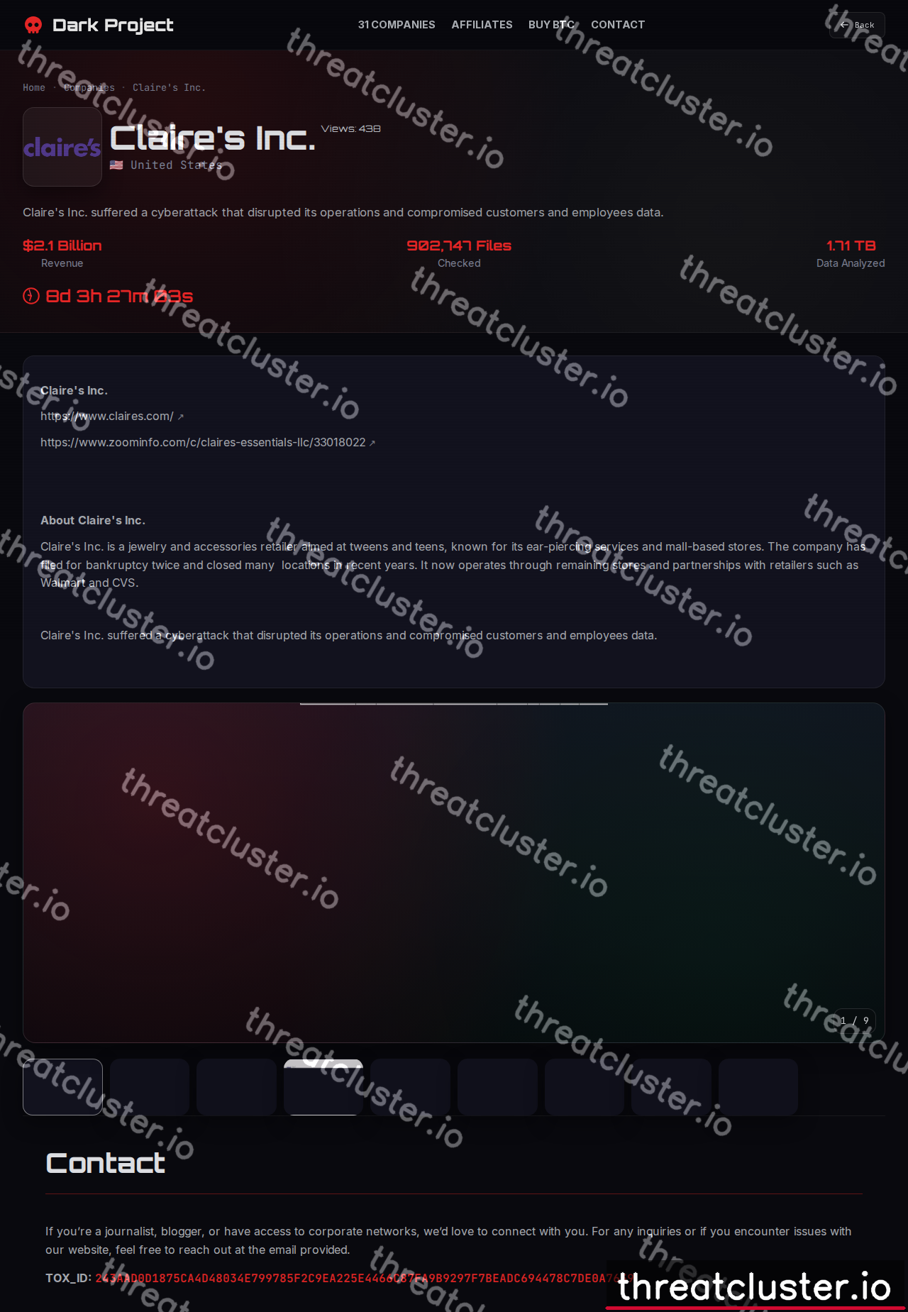Leak-site post naming Claire's Inc., captured by ThreatCluster