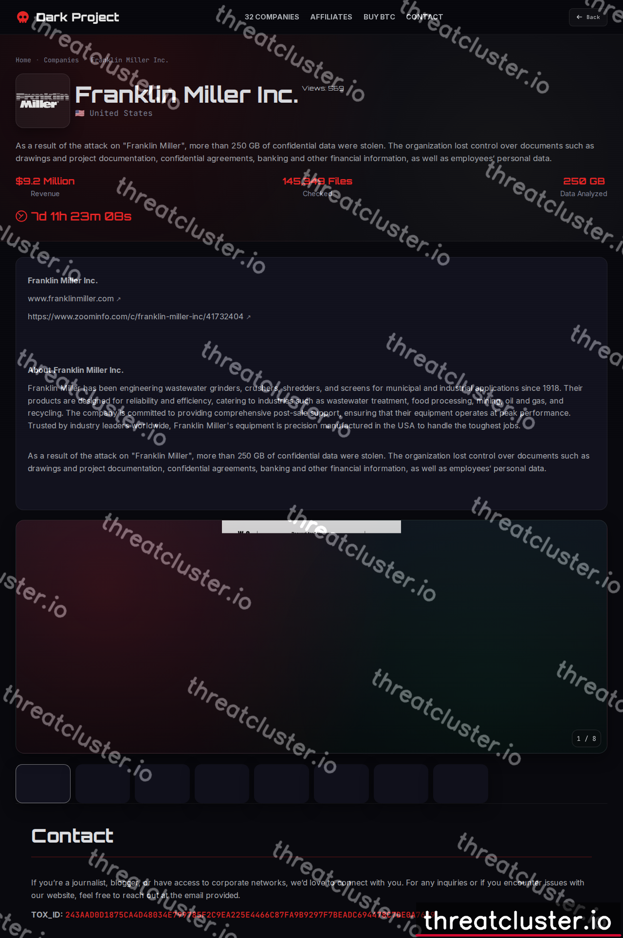 Leak-site post naming Franklin Miller Inc., captured by ThreatCluster