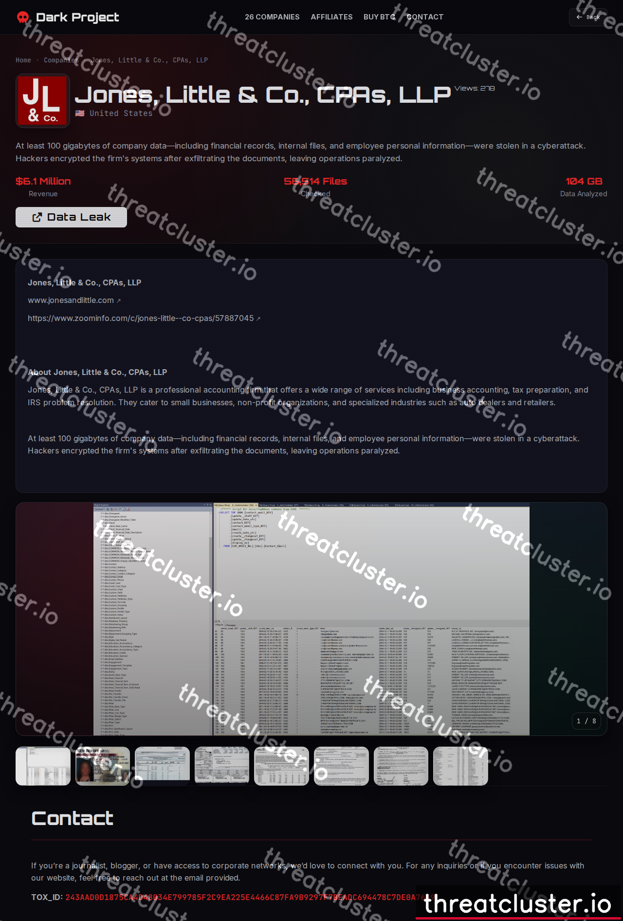Leak-site post naming Jones, Little & Co., CPAs, LLP, captured by ThreatCluster