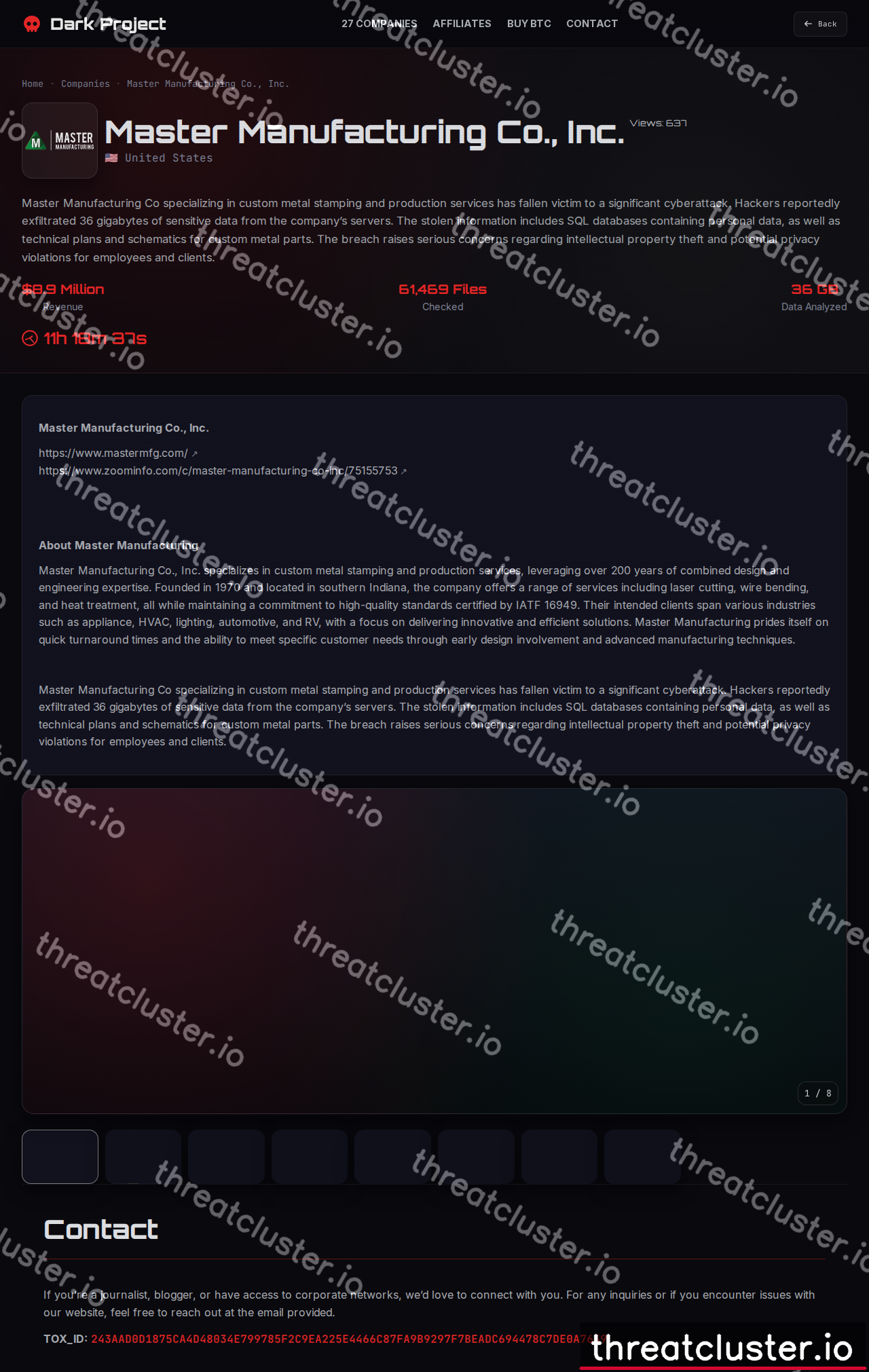 Leak-site post naming Master Manufacturing Co., Inc., captured by ThreatCluster
