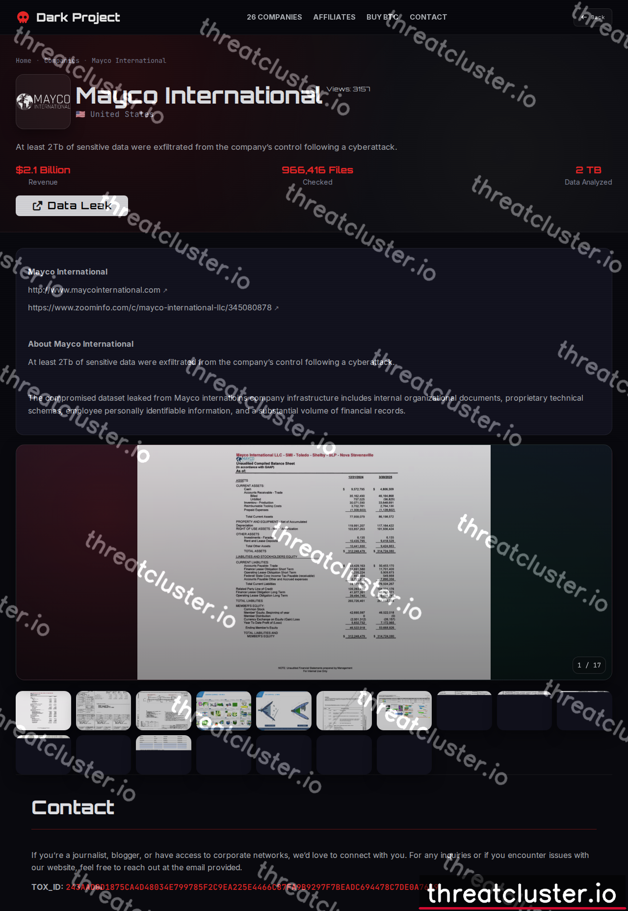 Leak-site post naming Mayco International, captured by ThreatCluster