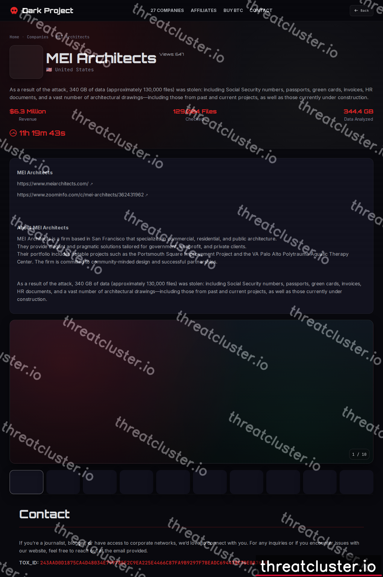Leak-site post naming MEI Architects, captured by ThreatCluster