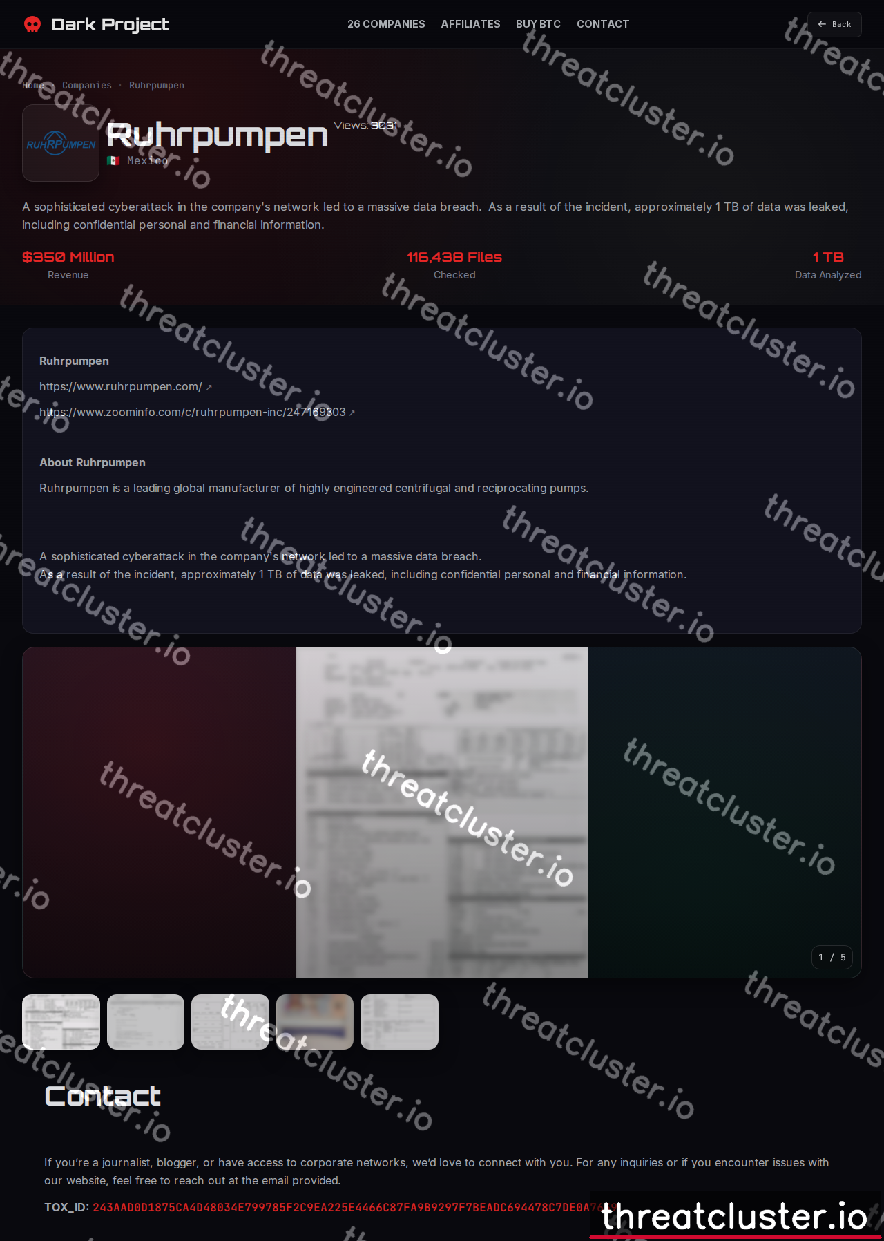 Leak-site post naming Ruhrpumpen, captured by ThreatCluster