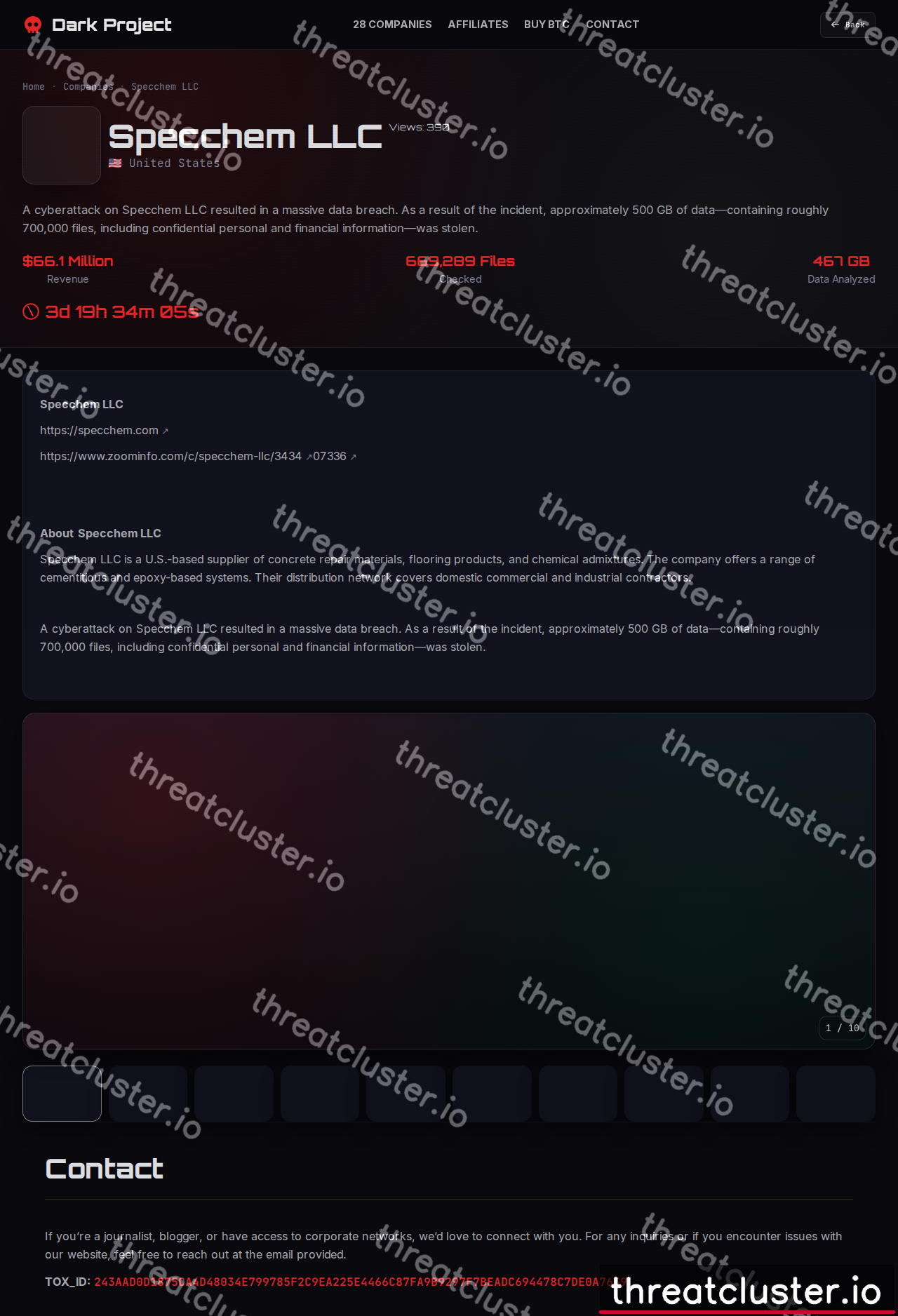Leak-site post naming Specchem LLC, captured by ThreatCluster
