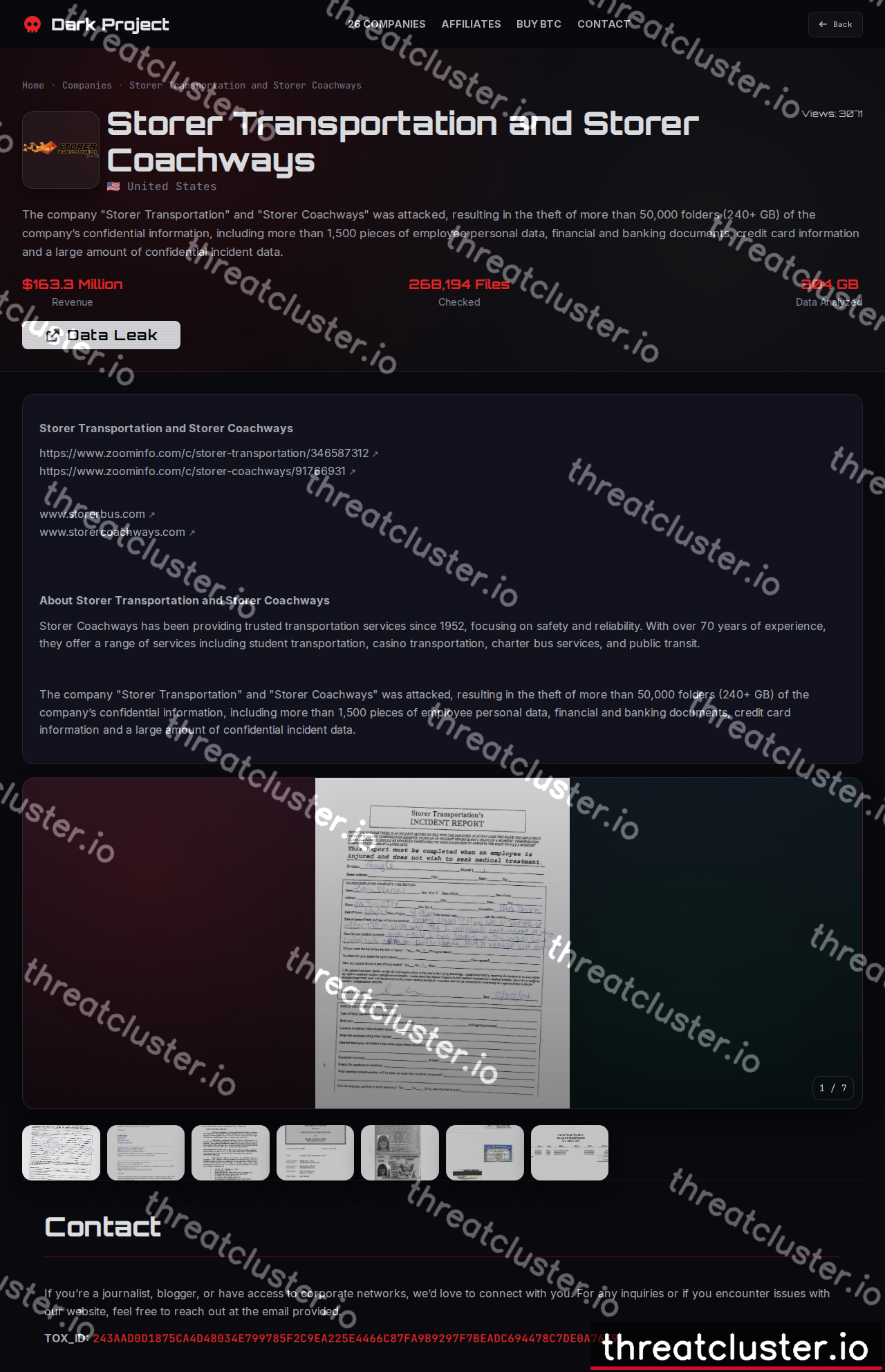 Leak-site post naming Storer Transportation and Storer Coachways, captured by ThreatCluster