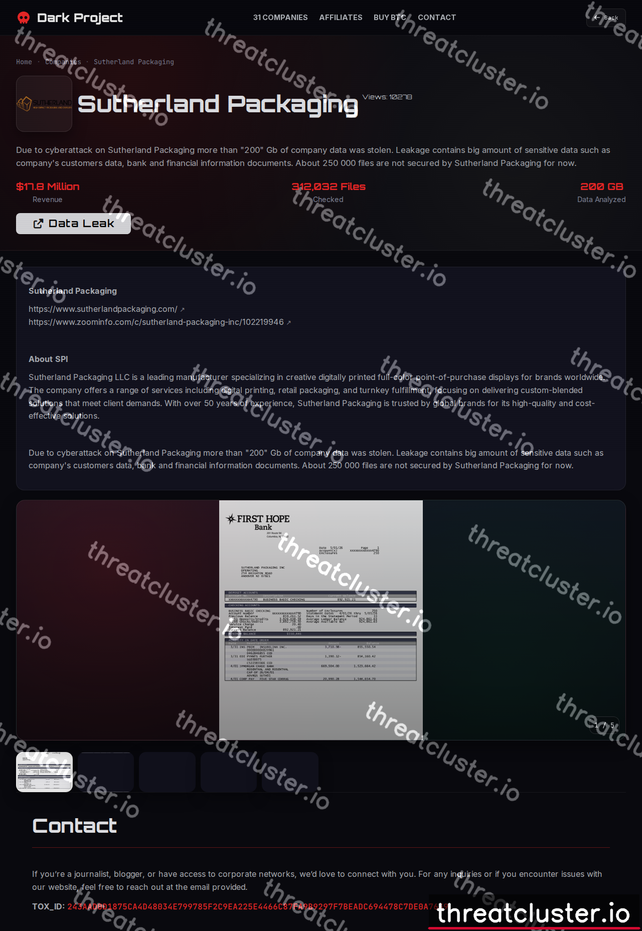 Leak-site post naming Sutherland Packaging, captured by ThreatCluster