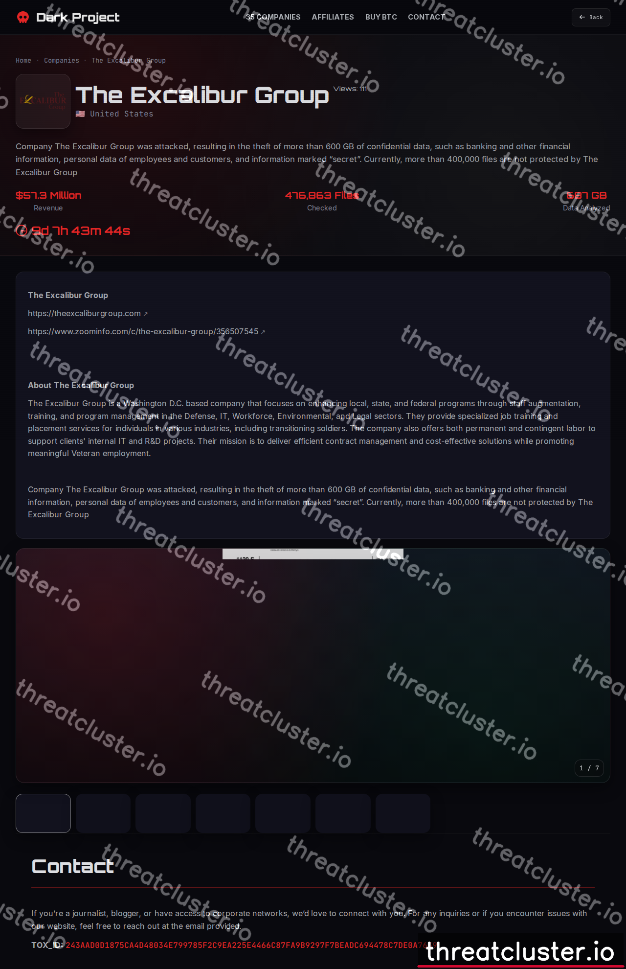 Leak-site post naming The Excalibur Group, captured by ThreatCluster
