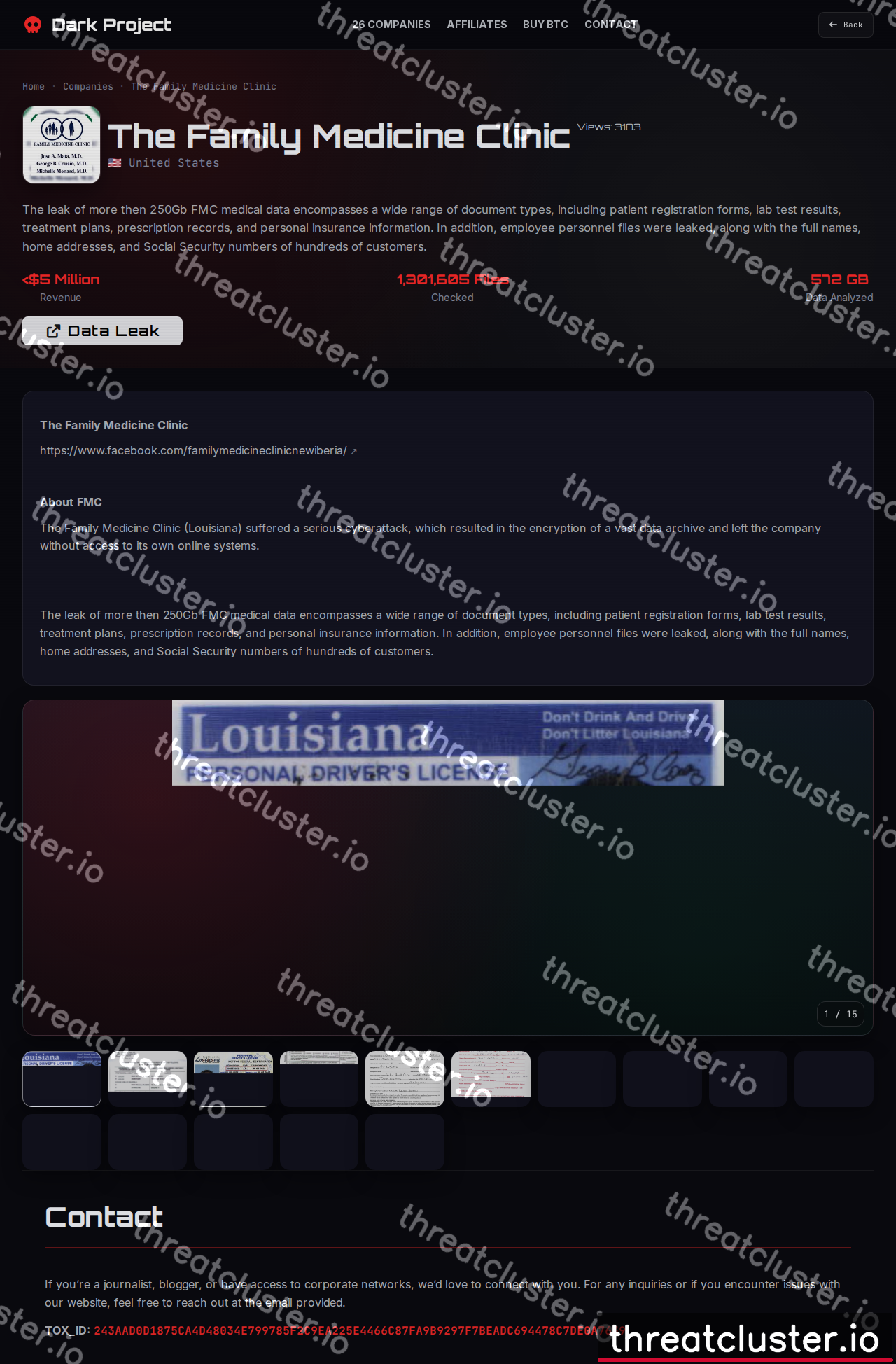 Leak-site post naming The Family Medicine Clinic, captured by ThreatCluster