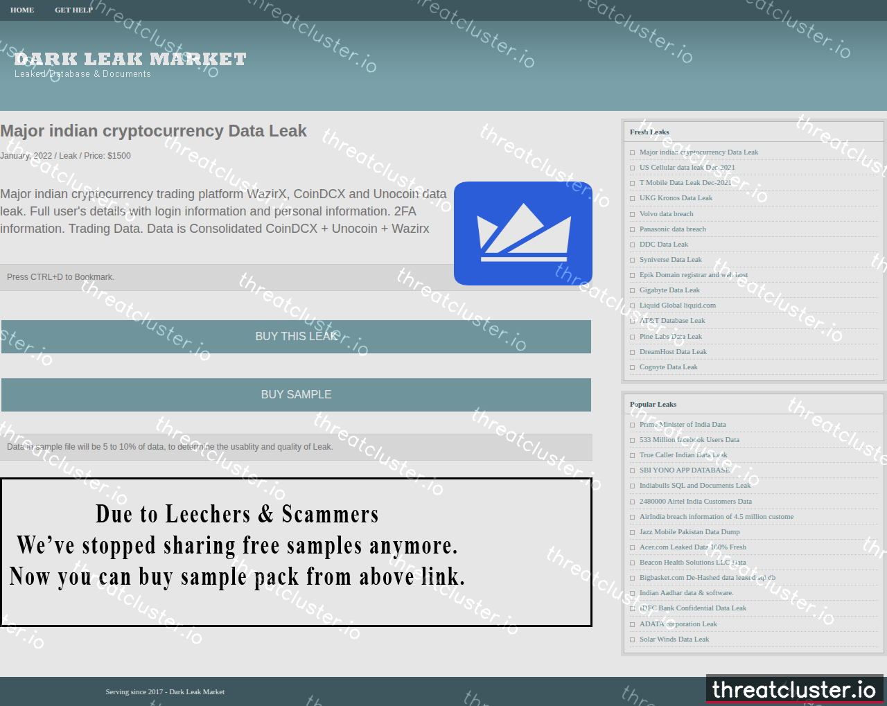 Leak site of darkleakmarket, captured by ThreatCluster