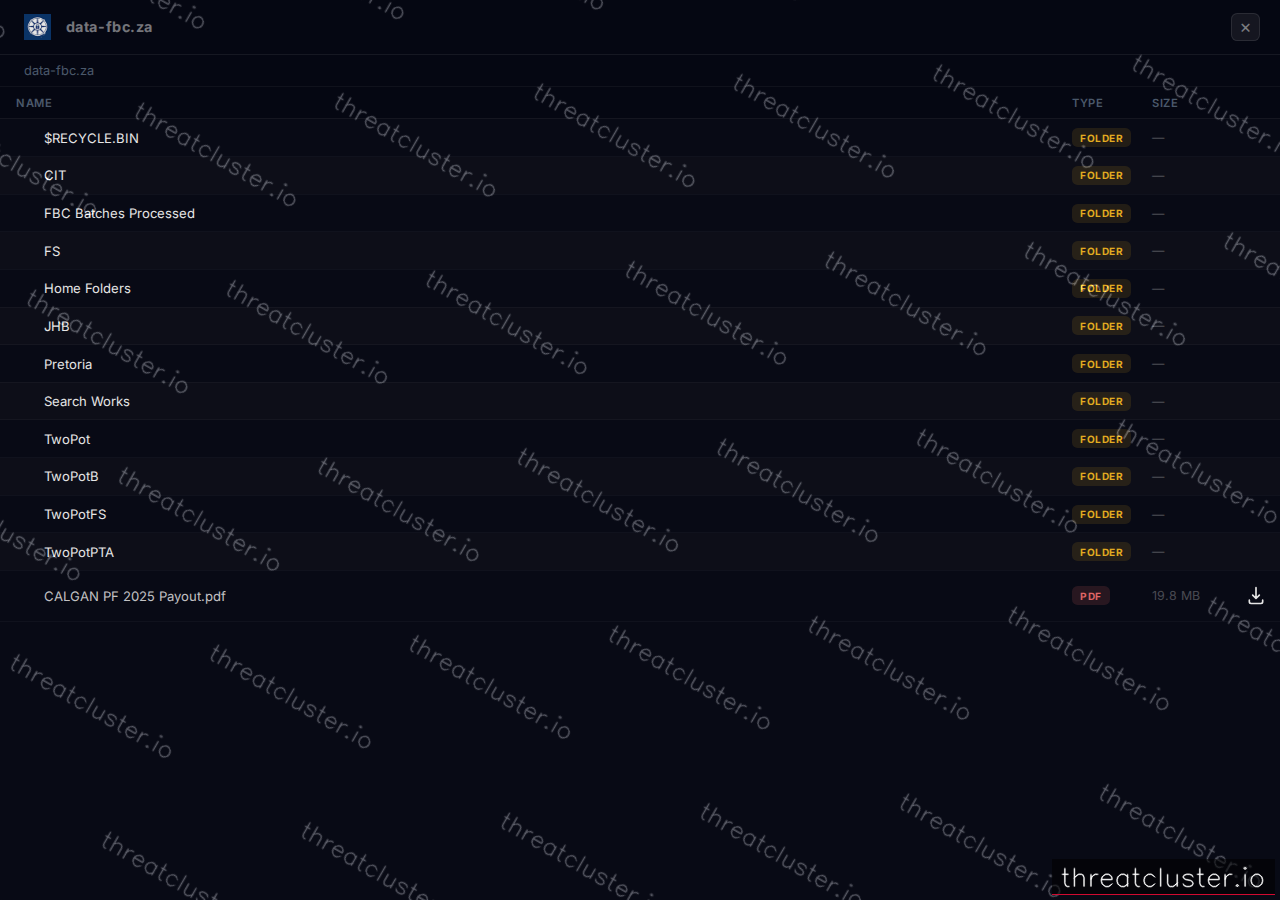 Leak-site post naming FBC, captured by ThreatCluster