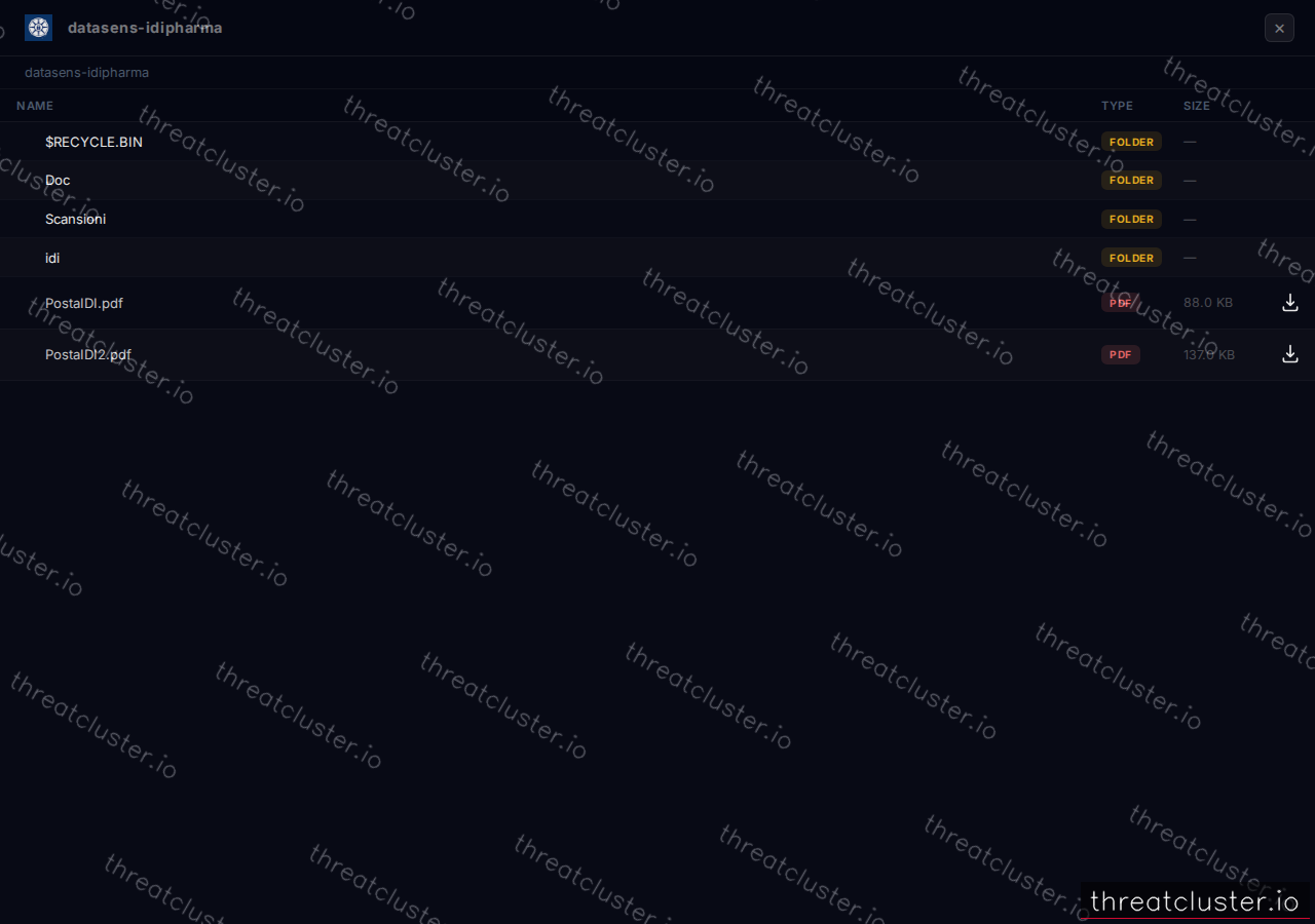 Leak-site post naming idi pharma, captured by ThreatCluster
