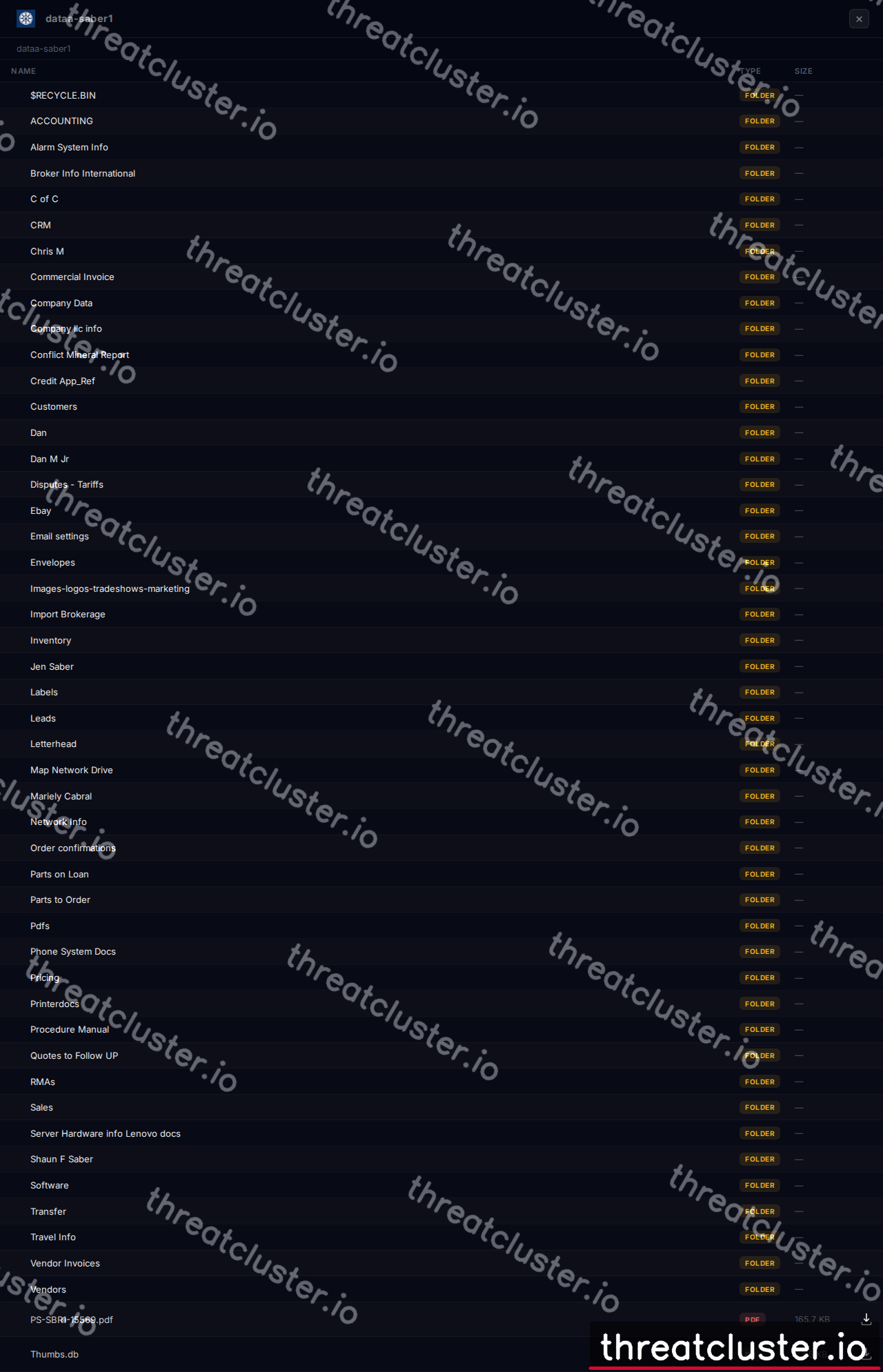 Leak-site post naming Saber1, captured by ThreatCluster