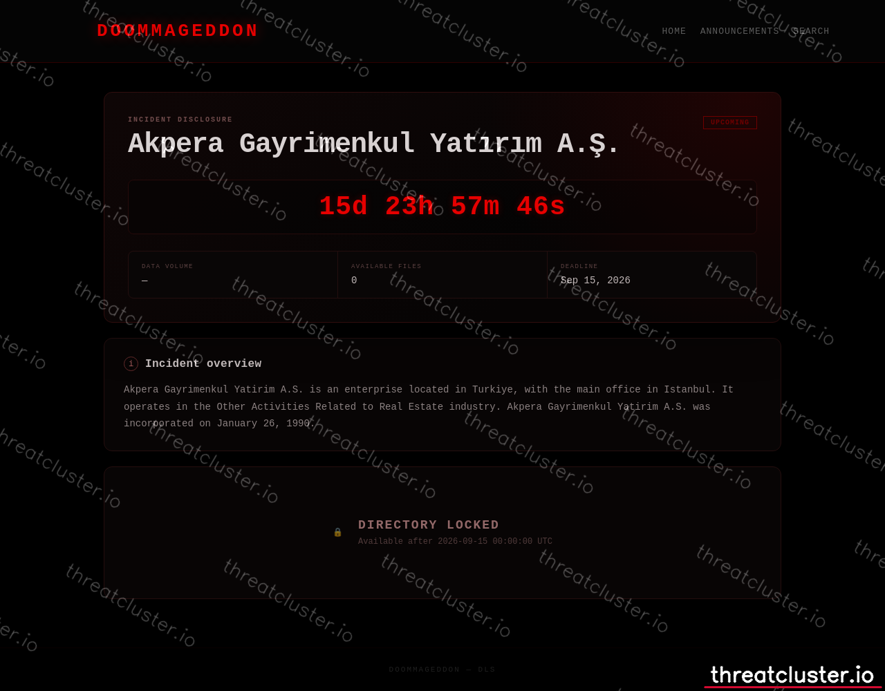 Leak-site post naming Akpera Gayrimenkul Yatırım A.Ş., captured by ThreatCluster