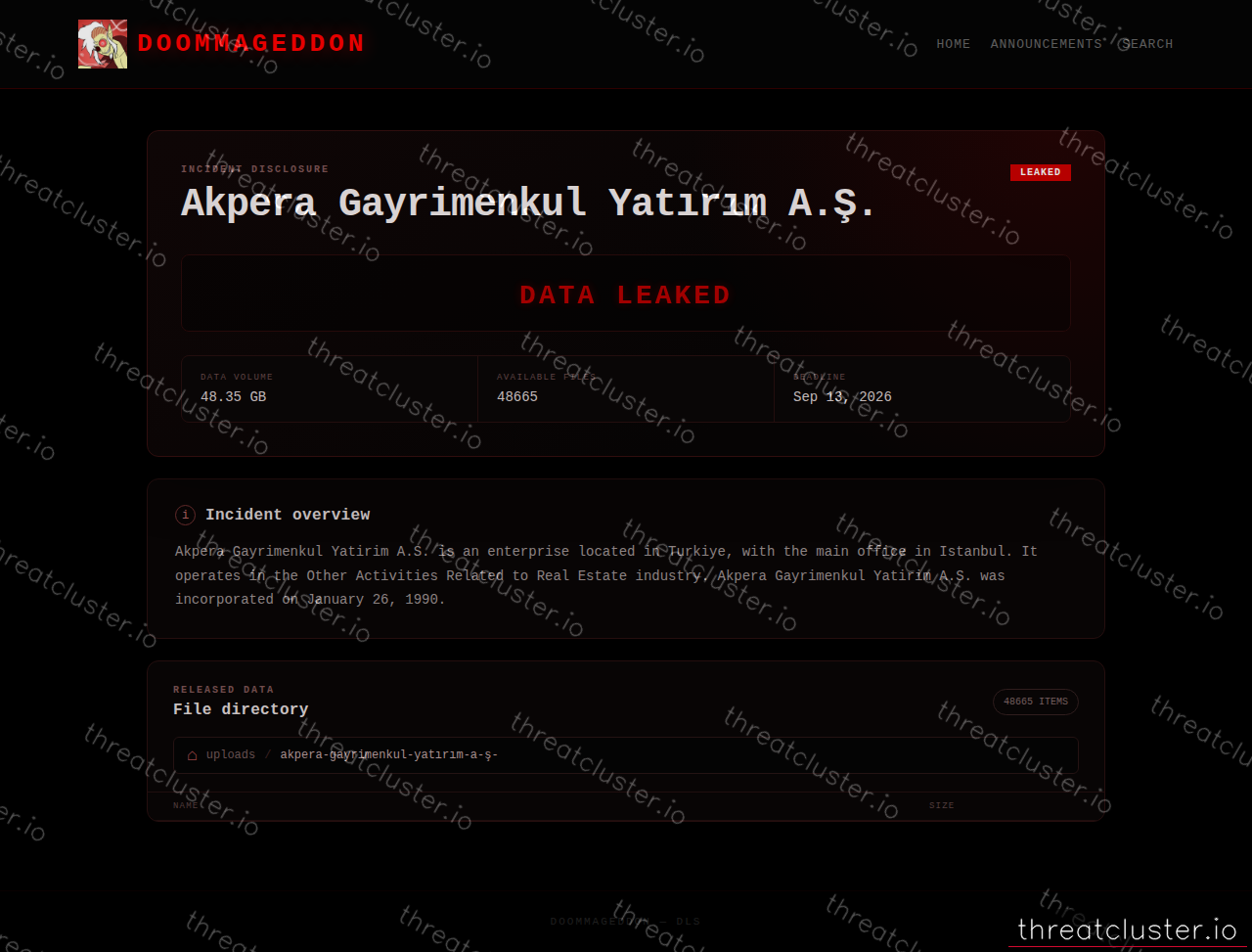 Leak-site post naming Akpera Gayrimenkul Yatırım A.Ş., captured by ThreatCluster