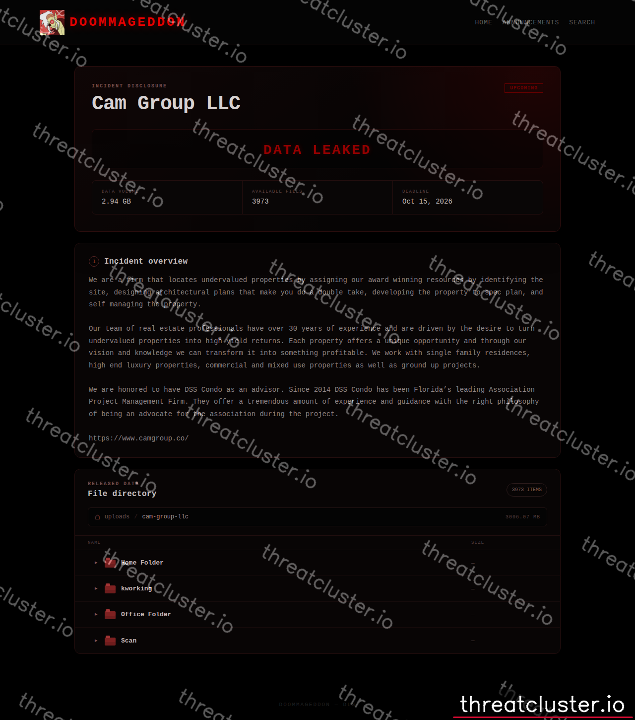 Leak-site post naming Cam Group LLC, captured by ThreatCluster