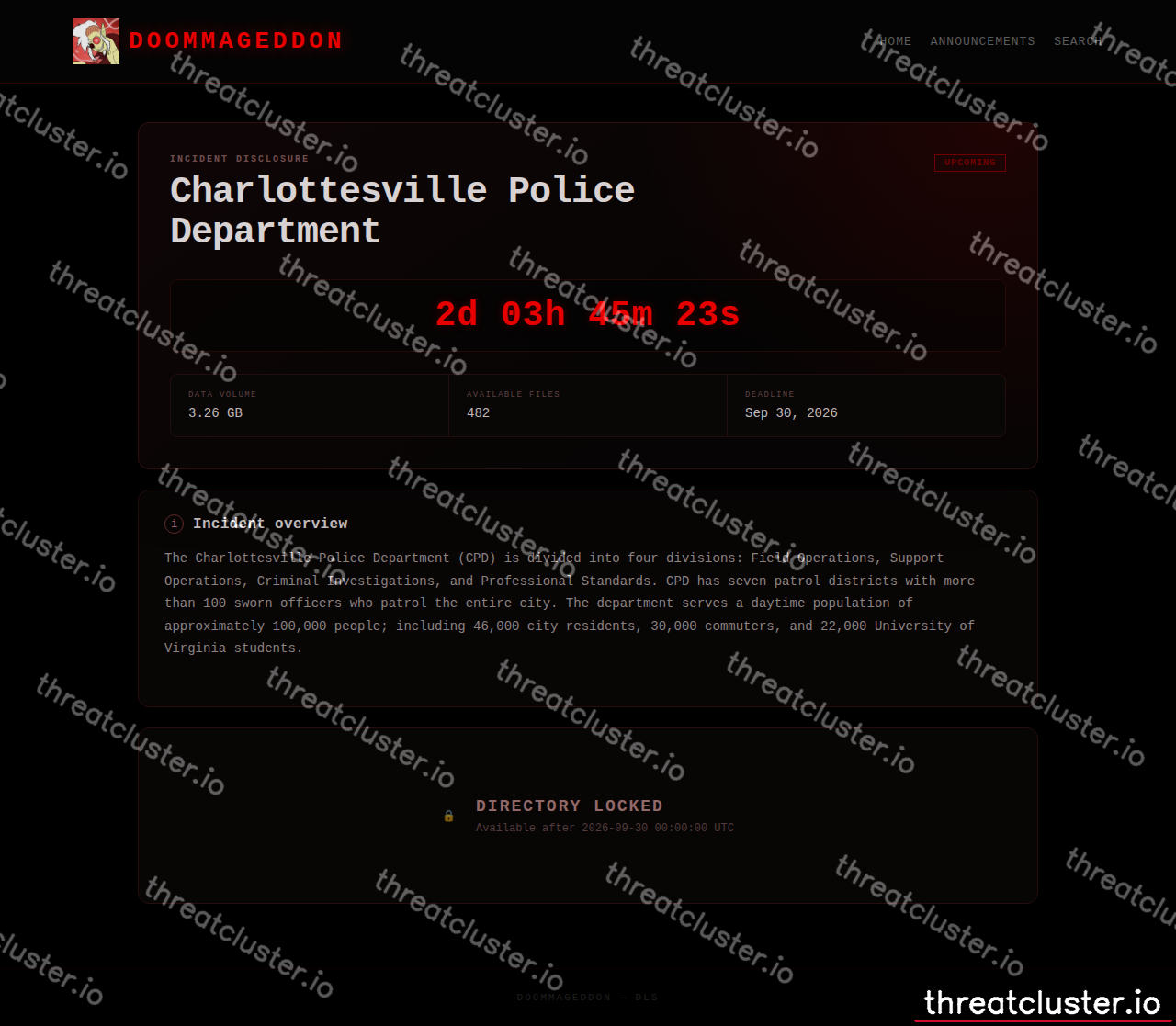Leak-site post naming Charlottesville Police Department, captured by ThreatCluster