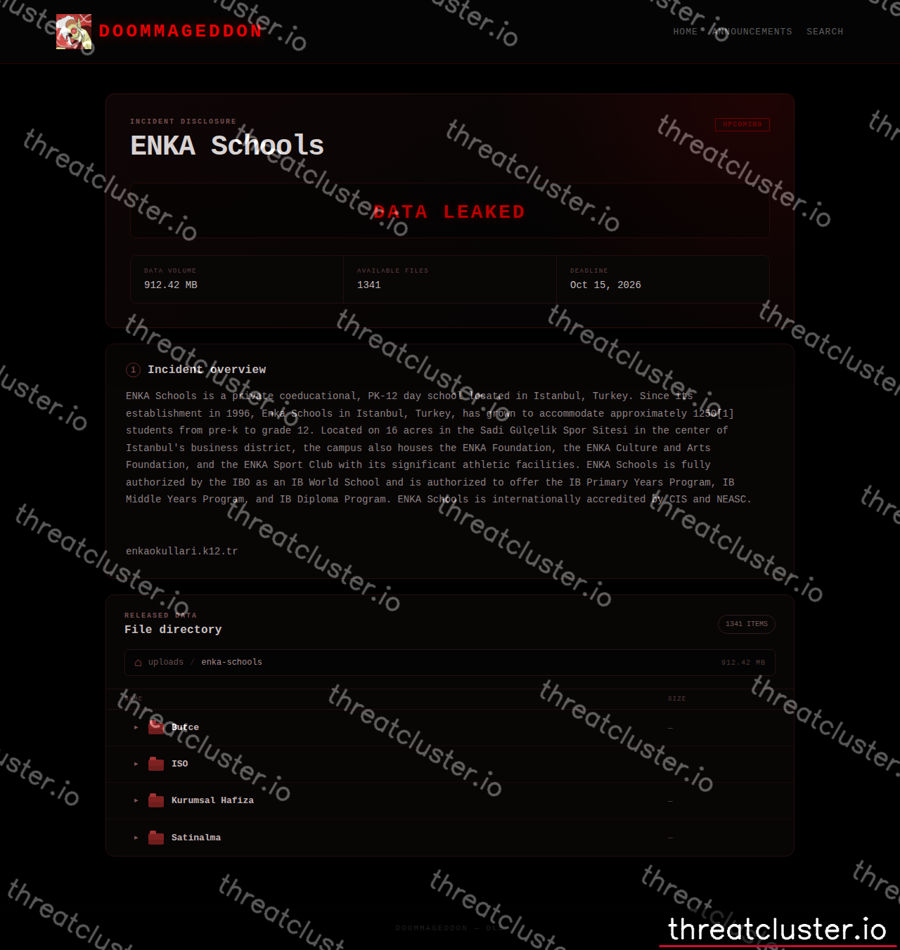Leak-site post naming ENKA Schools, captured by ThreatCluster