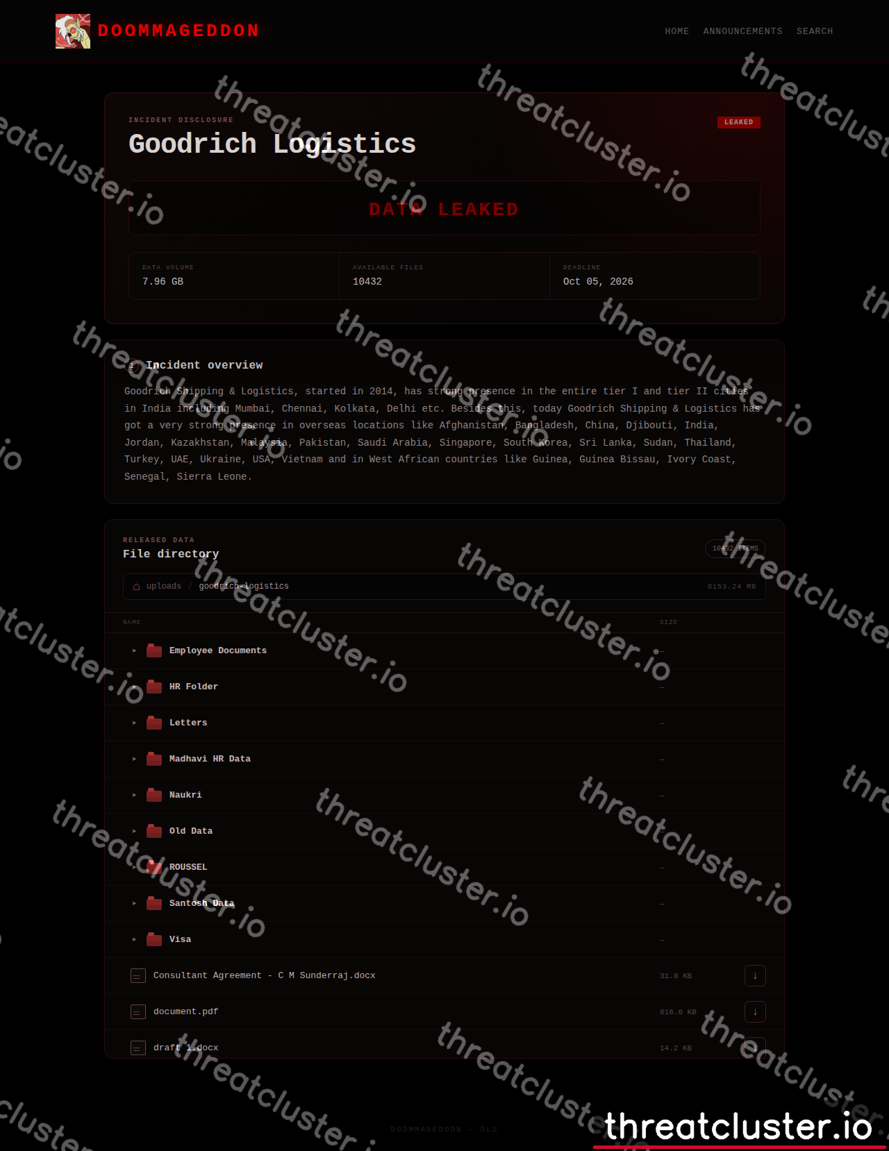 Leak-site post naming Goodrich Logistics, captured by ThreatCluster