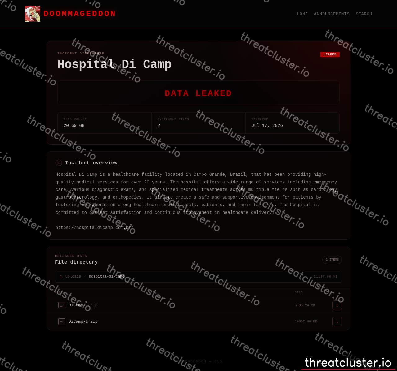 Leak-site post naming Hospital Di Camp, captured by ThreatCluster