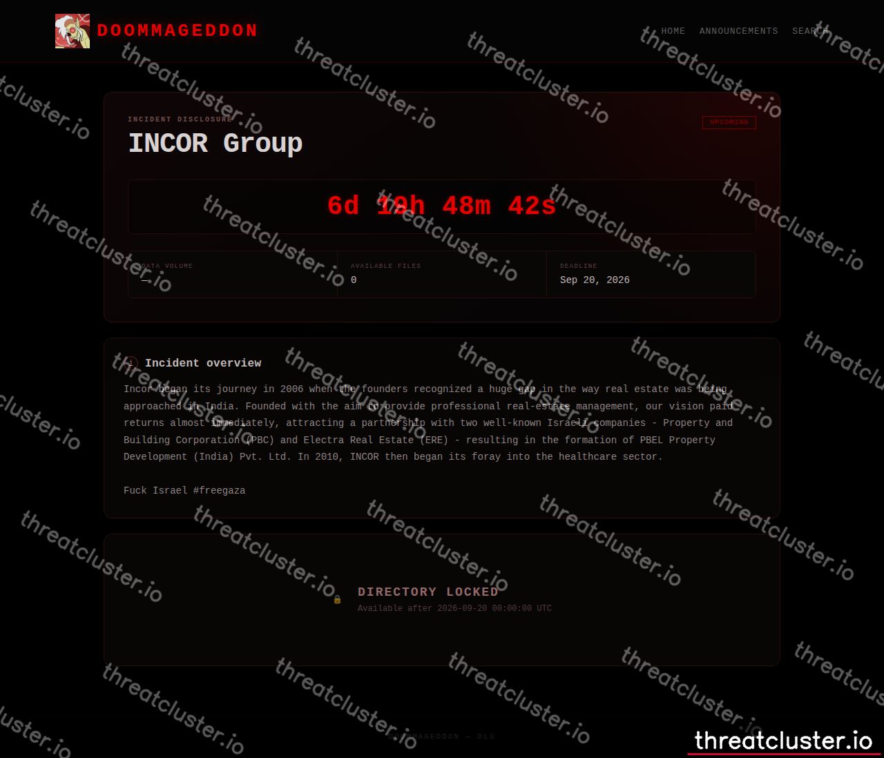 Leak-site post naming INCOR Group, captured by ThreatCluster
