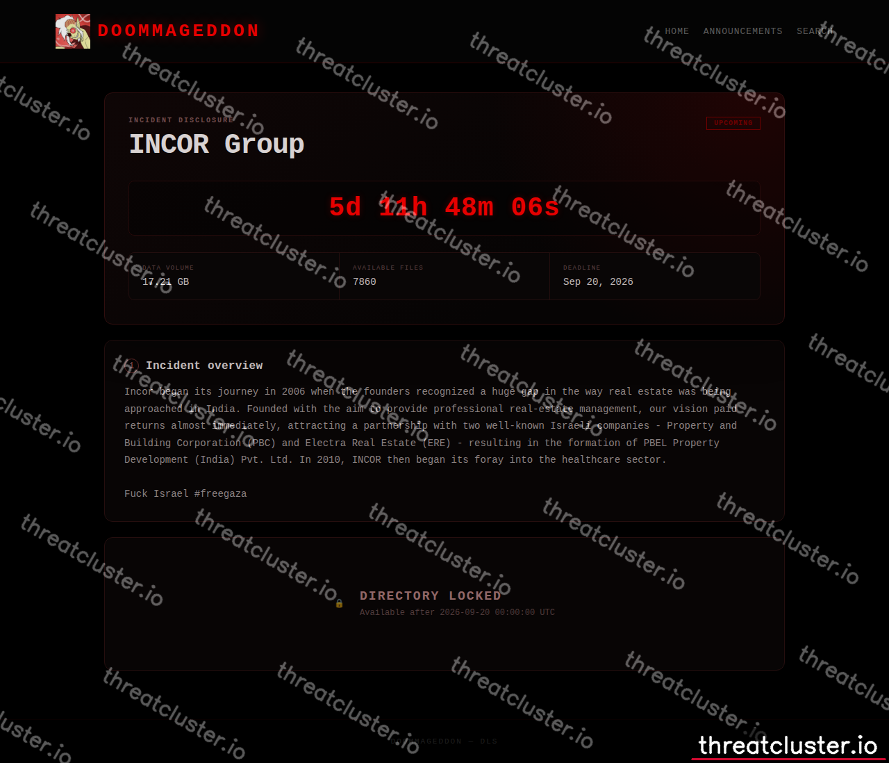 Leak-site post naming INCOR Group, captured by ThreatCluster
